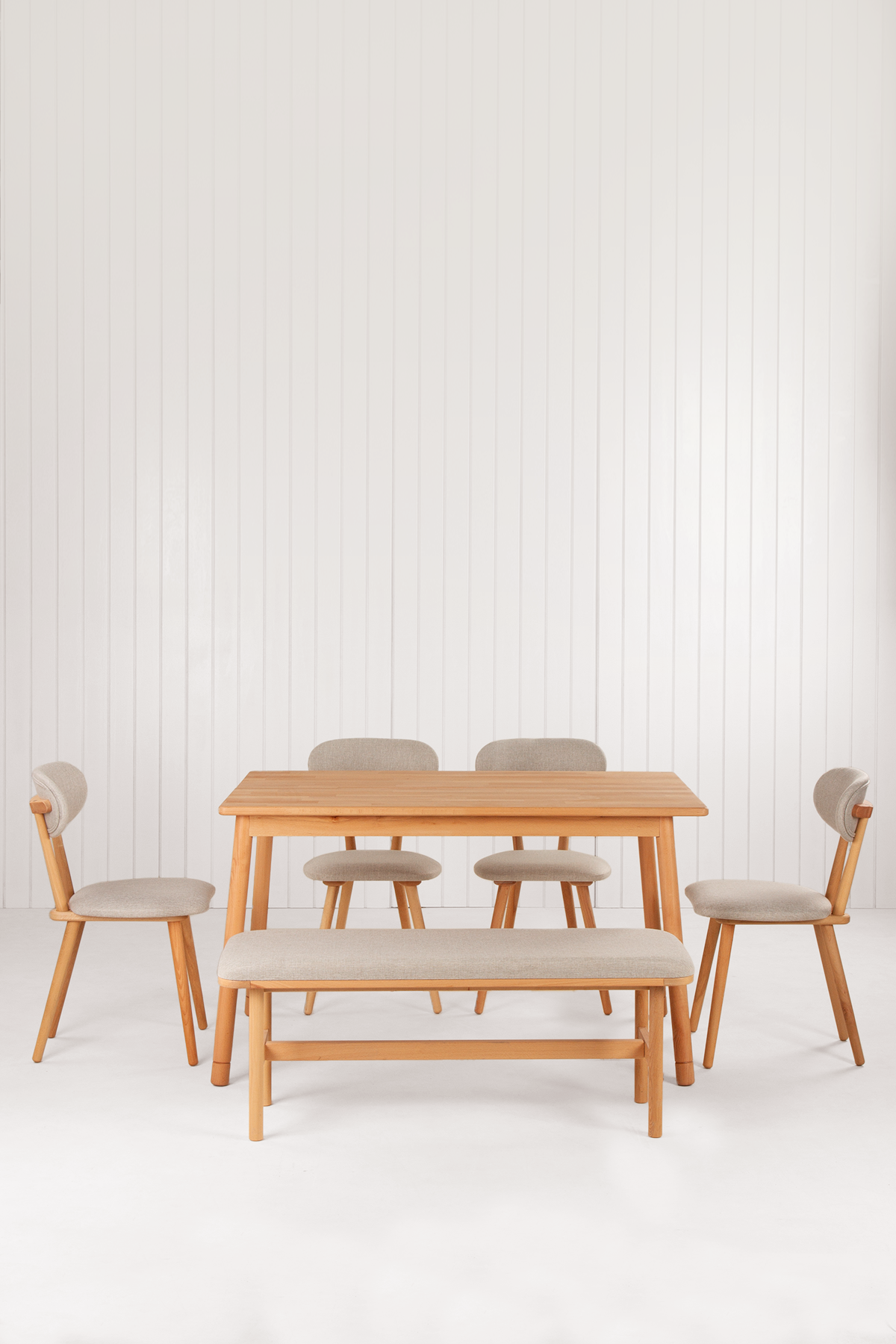 6 Kişilik Alaçatı Masif Kayın Masa, Limbo Sandalye ve Alaçatı Bench, Yemek Masası Takımı 130x80 cm