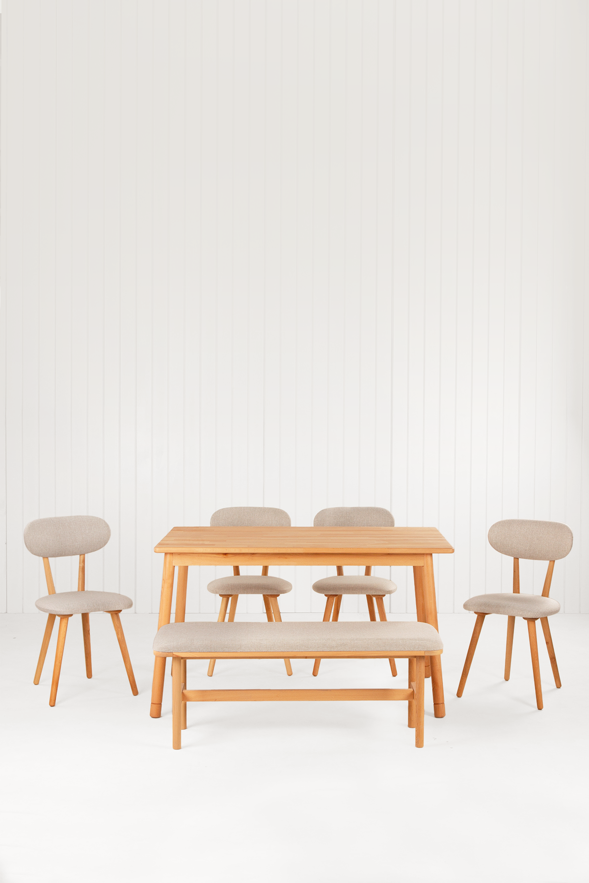 6 Kişilik Alaçatı Masif Kayın Masa, Limbo Sandalye ve Alaçatı Bench, Yemek Masası Takımı 130x80 cm