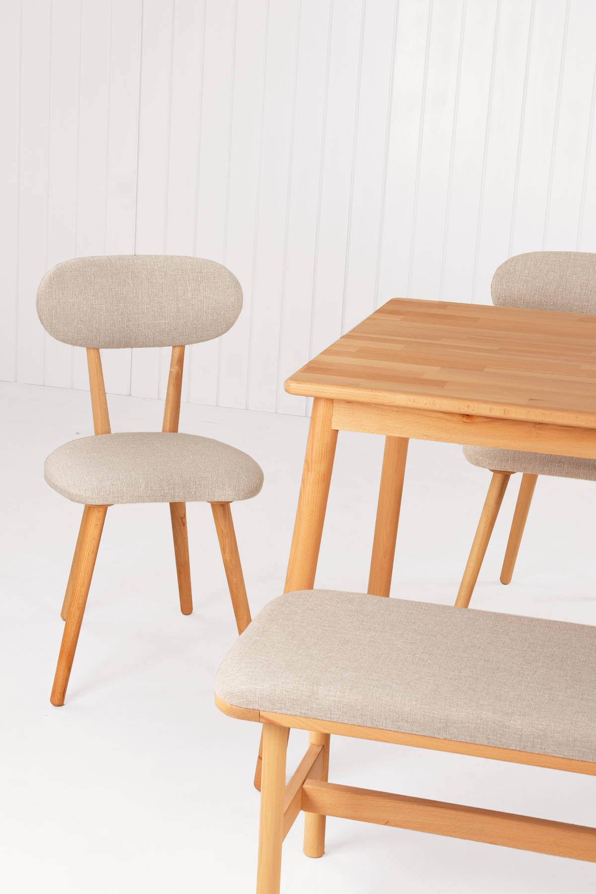 6 Kişilik Alaçatı Masif Kayın Masa, Limbo Sandalye ve Alaçatı Bench, Yemek Masası Takımı 130x80 cm