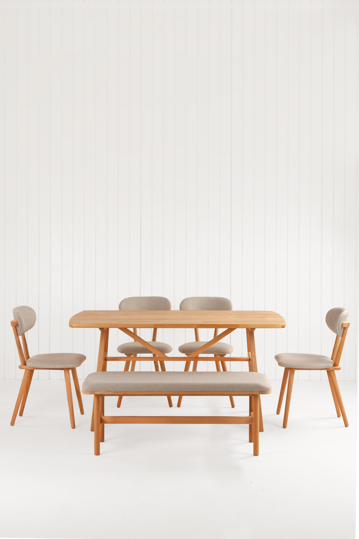 6 Kişilik Slim Masif Kayın Masa, Limbo Sandalye ve Alaçatı Bench, Yemek Masası Takımı 150x80 cm