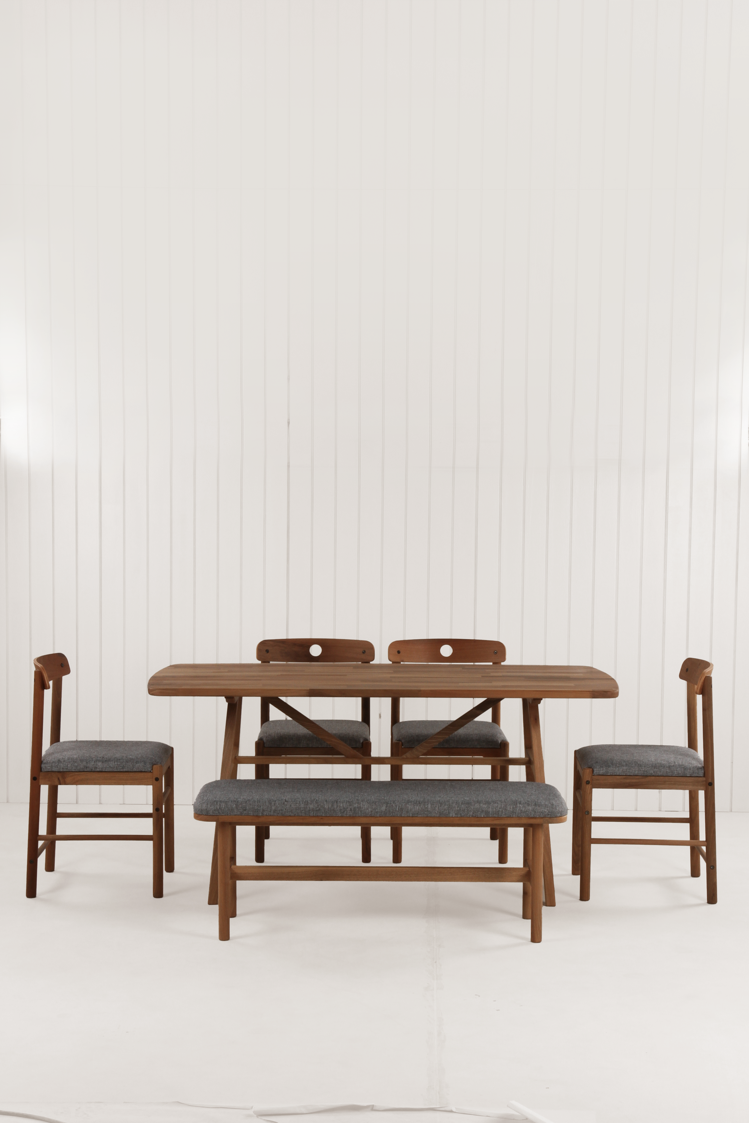 8 Kişilik Slim Masif Ceviz Masa, Alaçatı Sandalye ve Alaçatı Bench, Yemek Masası Takımı 160x80 cm