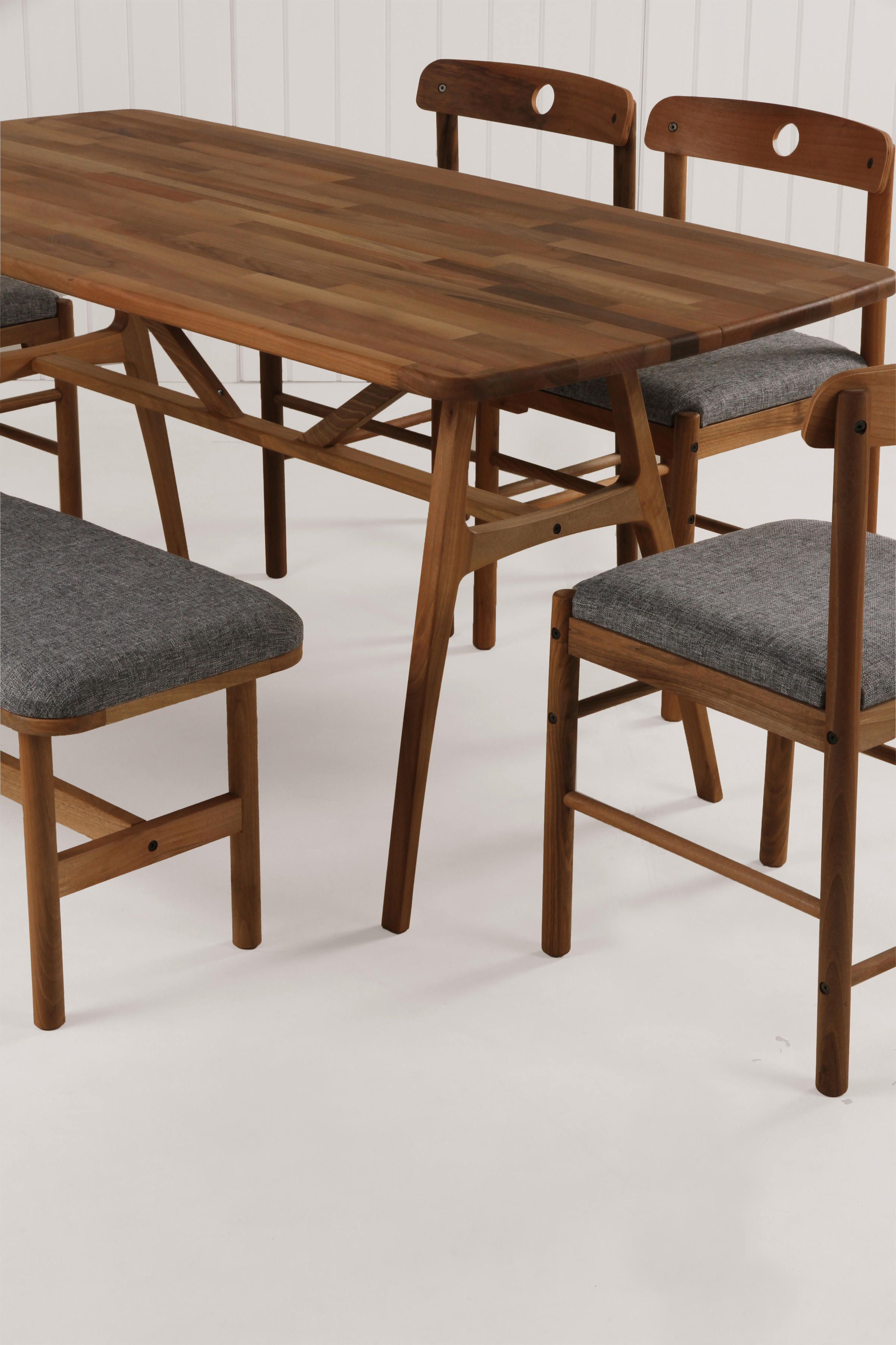 8 Kişilik Slim Masif Ceviz Masa, Alaçatı Sandalye ve Alaçatı Bench, Yemek Masası Takımı 160x80 cm