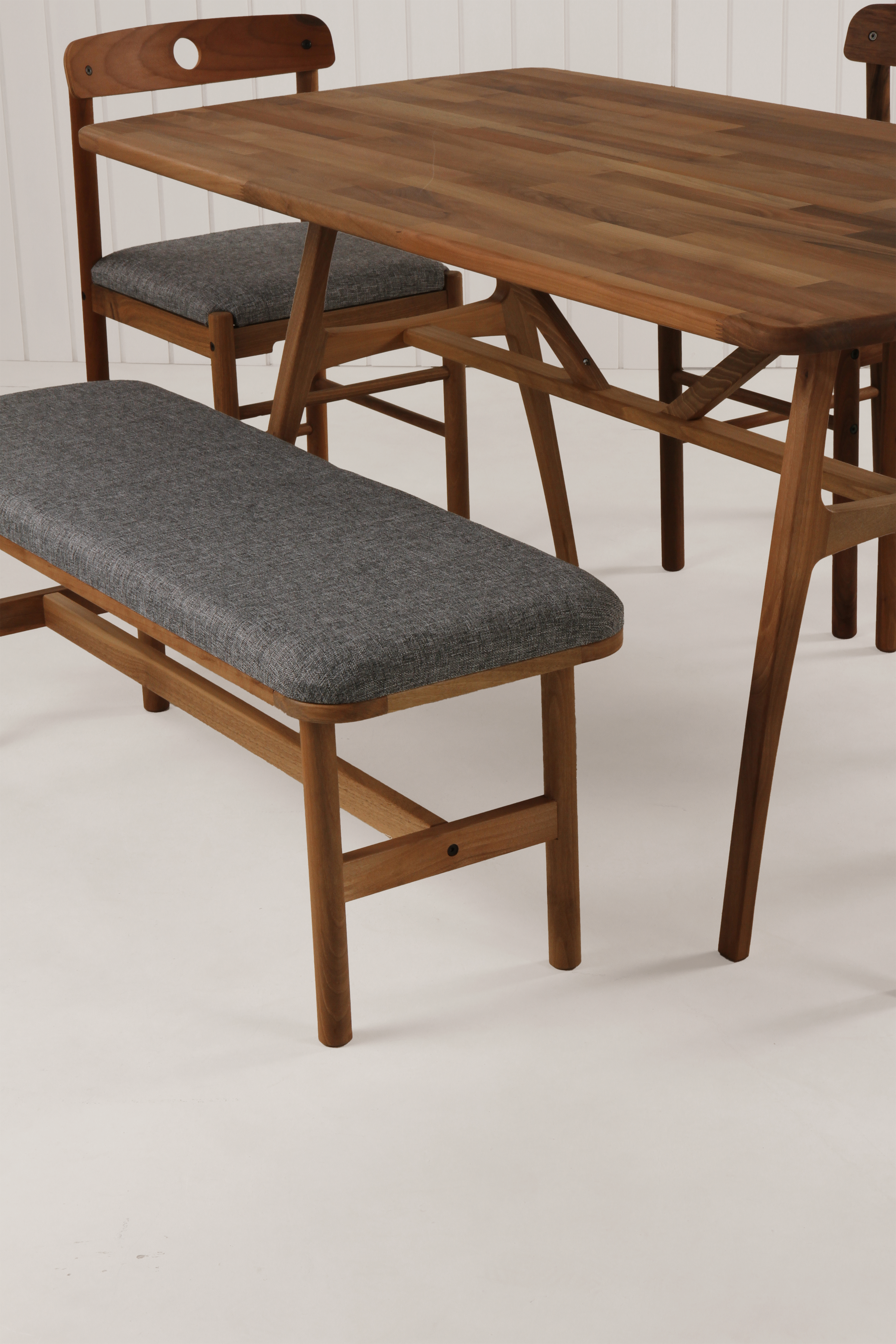 8 Kişilik Slim Masif Ceviz Masa, Alaçatı Sandalye ve Alaçatı Bench, Yemek Masası Takımı 160x80 cm