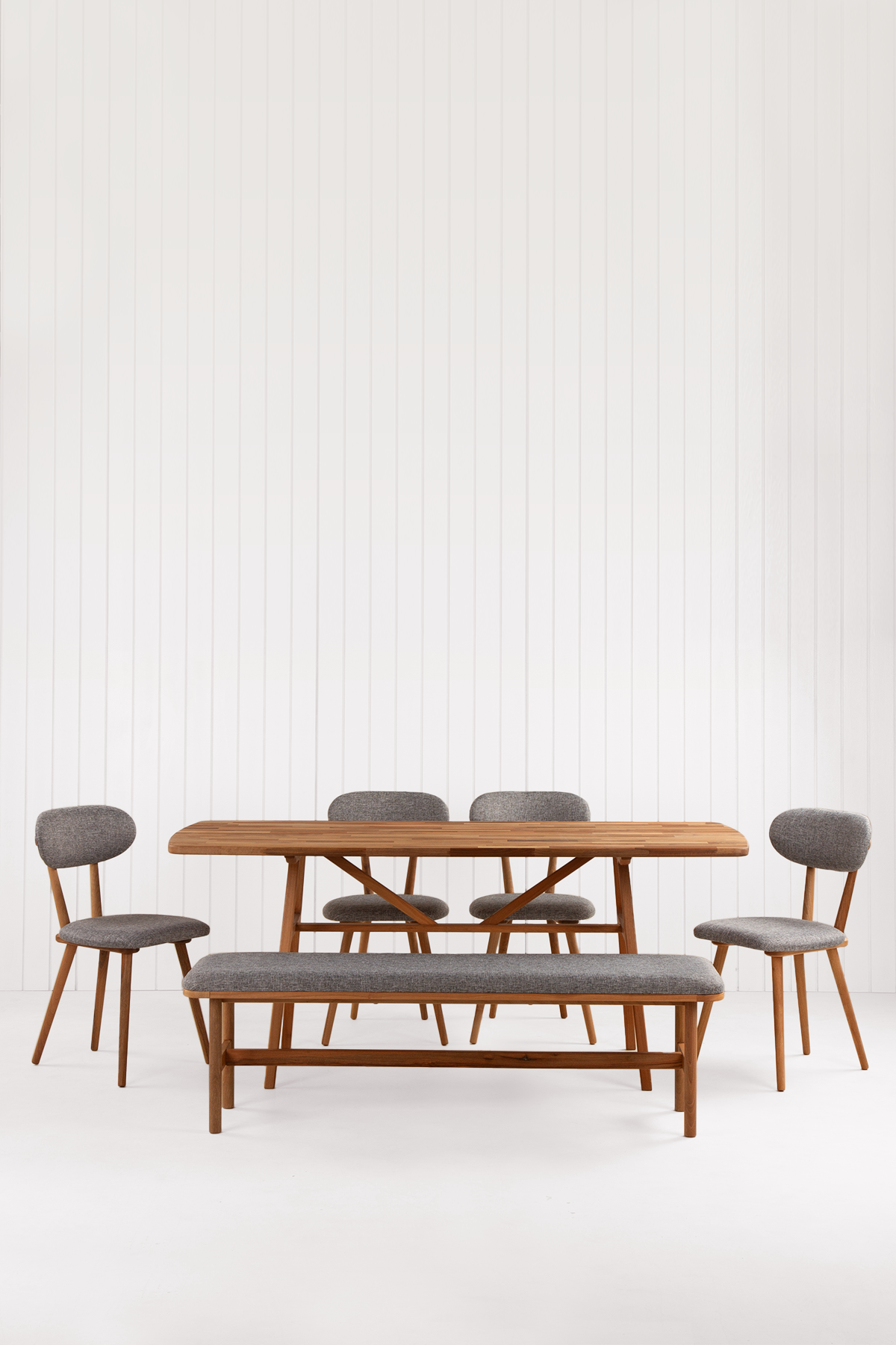 8 Kişilik Slim Masif Ceviz Masa, Limbo Sandalye ve Alaçatı Bench, Yemek Masası Takımı 180x80 cm
