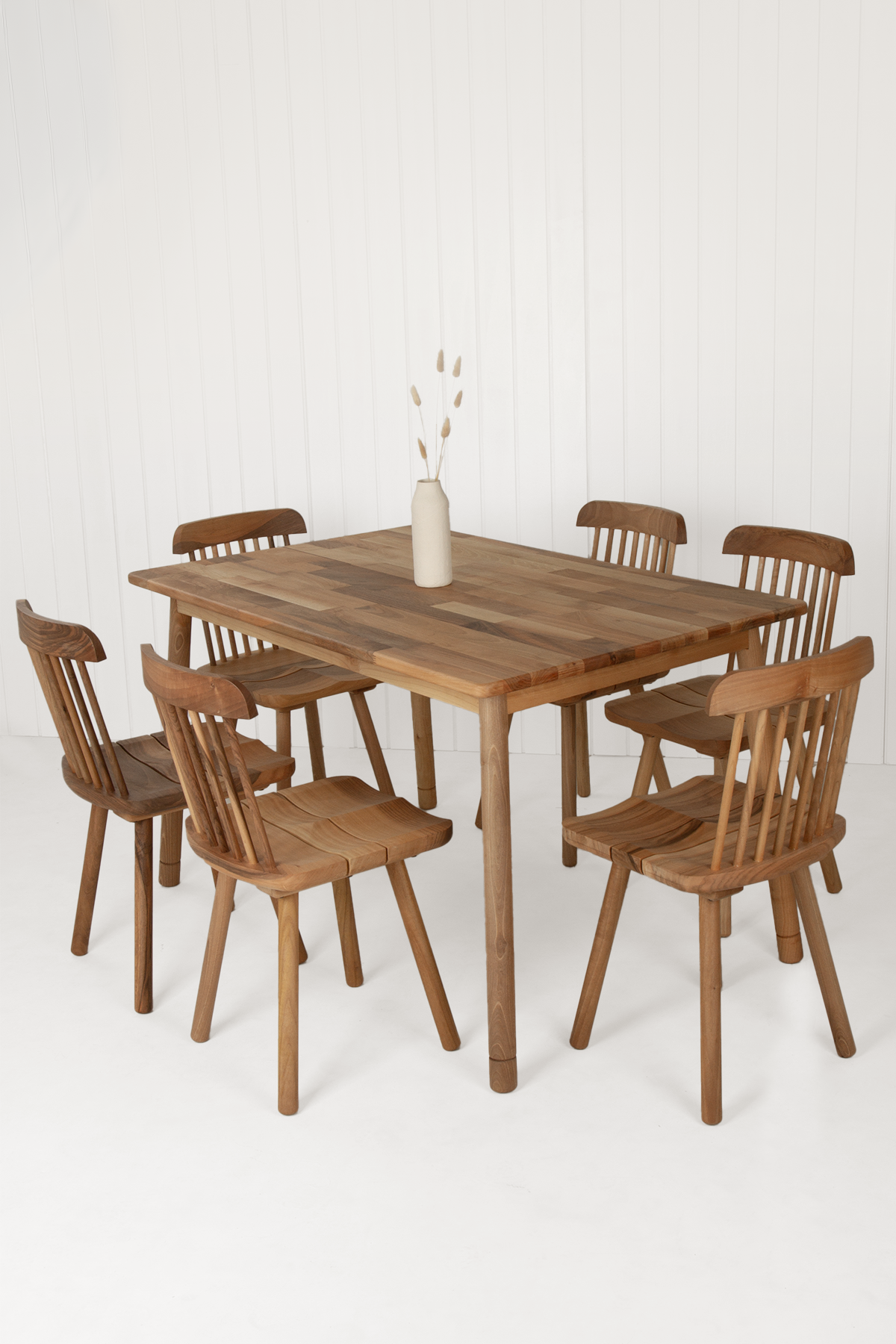 Alaçatı Masif Ceviz Ahşap Masa Takımı, 6 Adet Grill Sandalye ile, 130x80