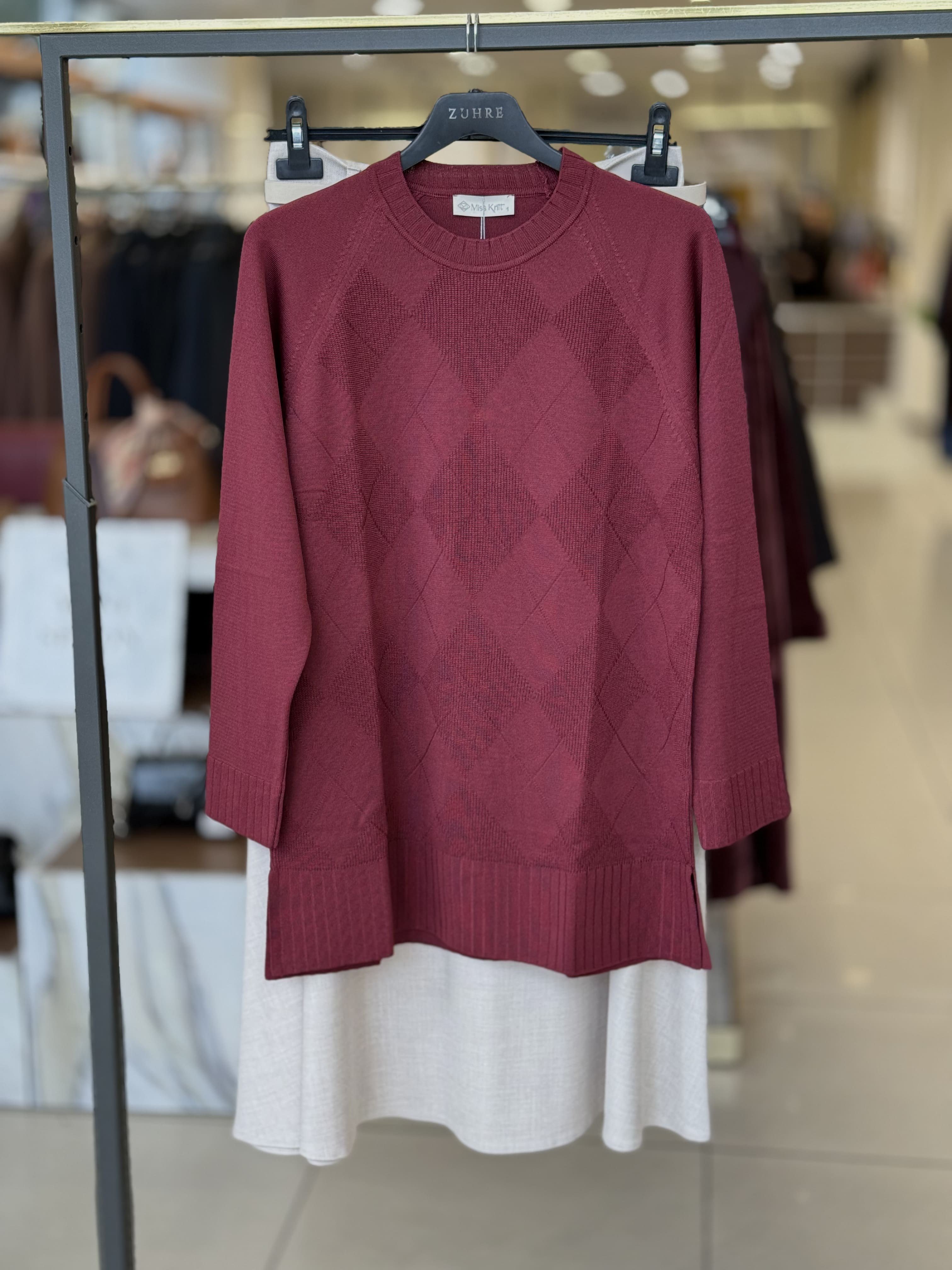 Baklava Desenli Siyah Triko Tunik Bordo 36288