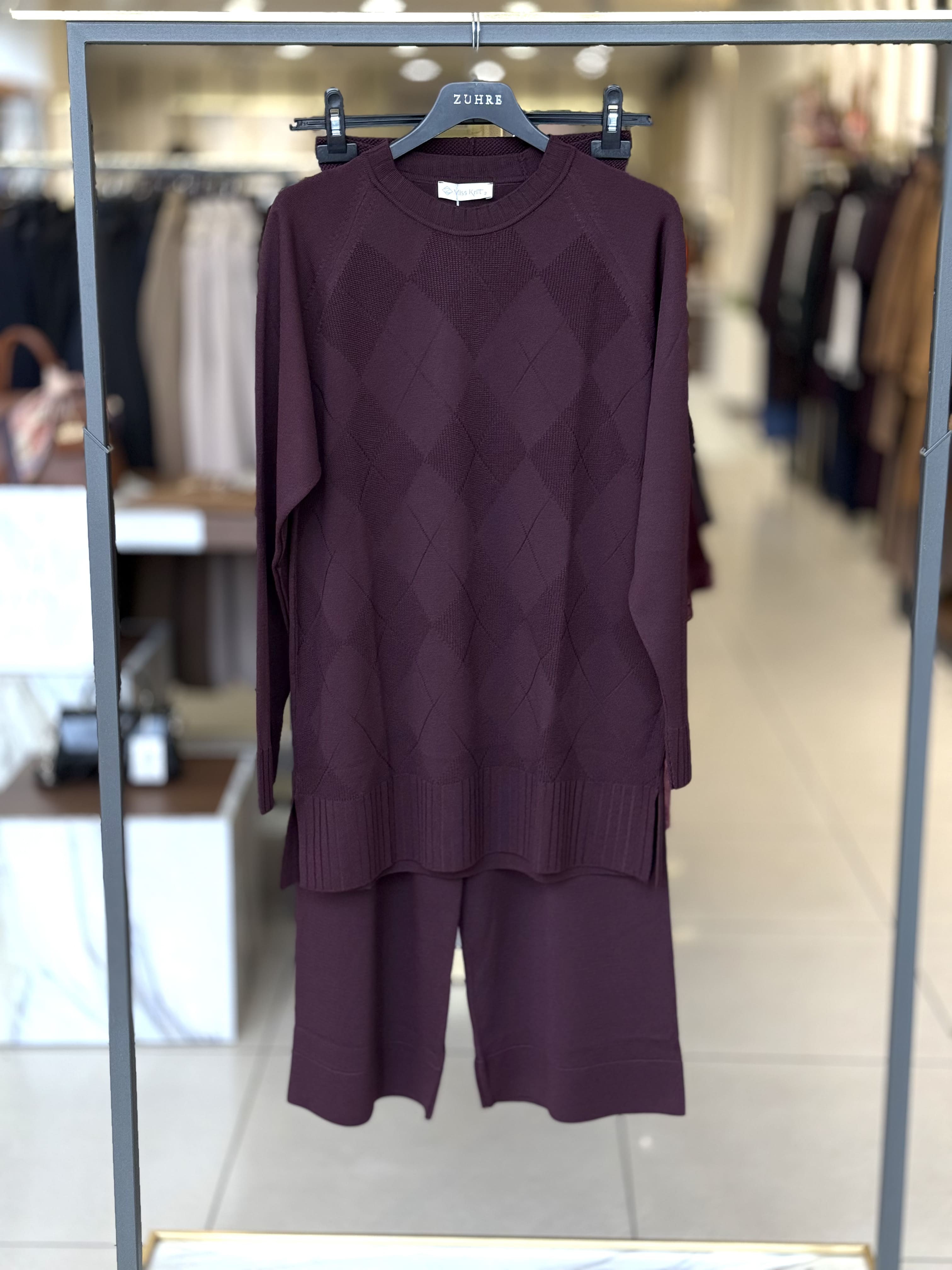 Baklava Desenli Siyah Triko Tunik Bordo 36288
