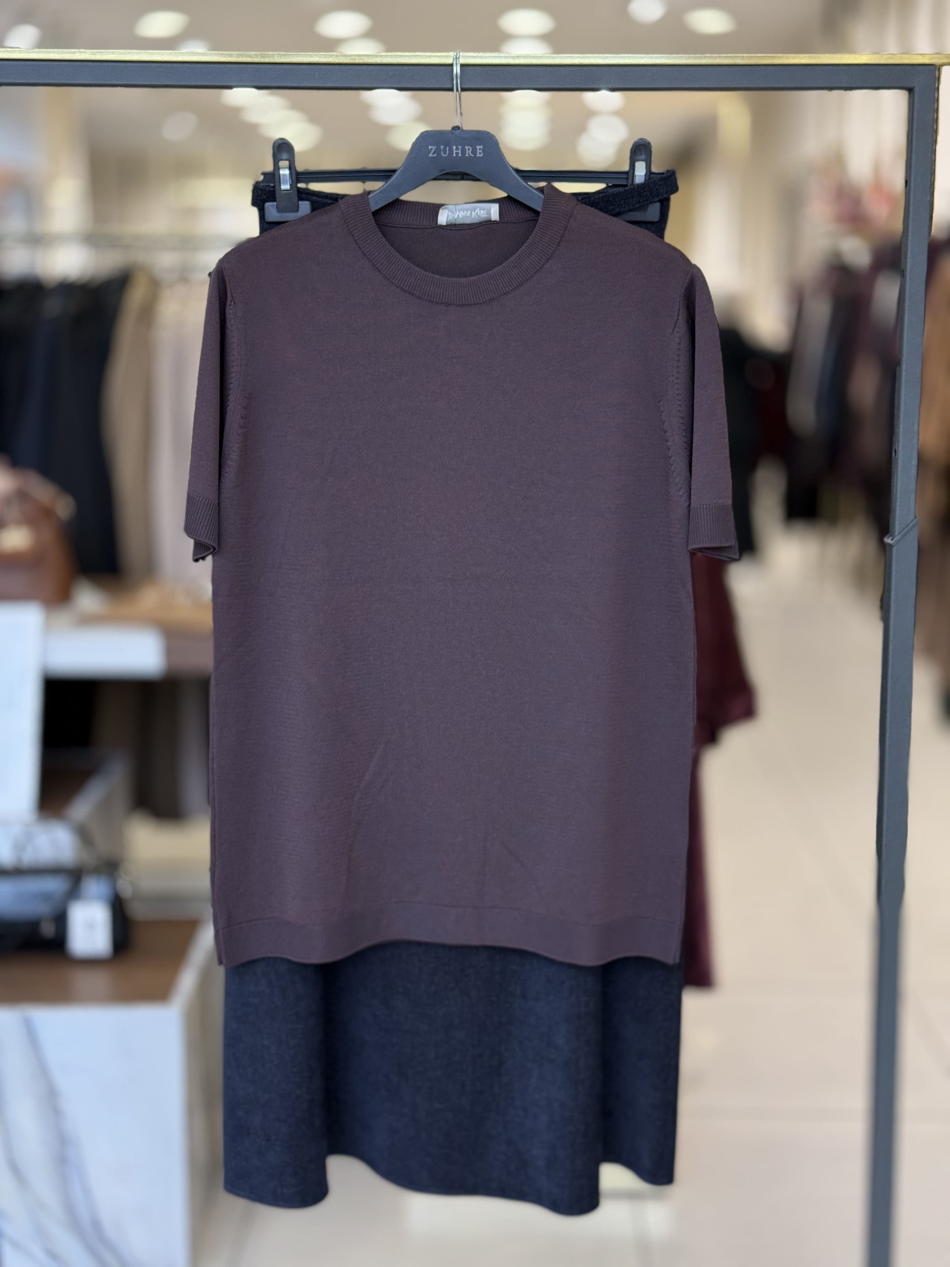 Kısa Kollu Triko Tunik Kahve 36365
