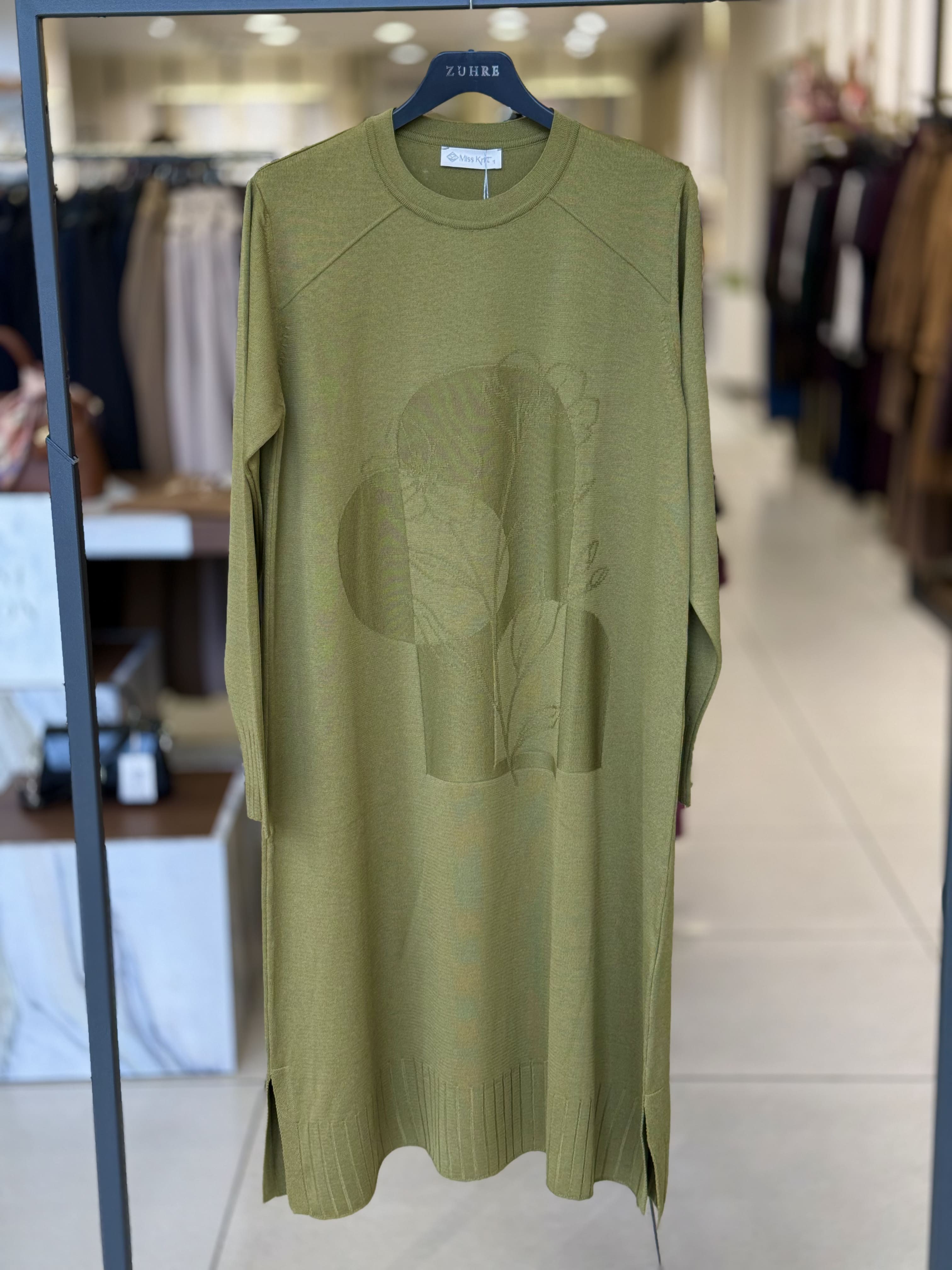 Tonal Desenli Reglan Kol Triko Tunik Yeşil 36231