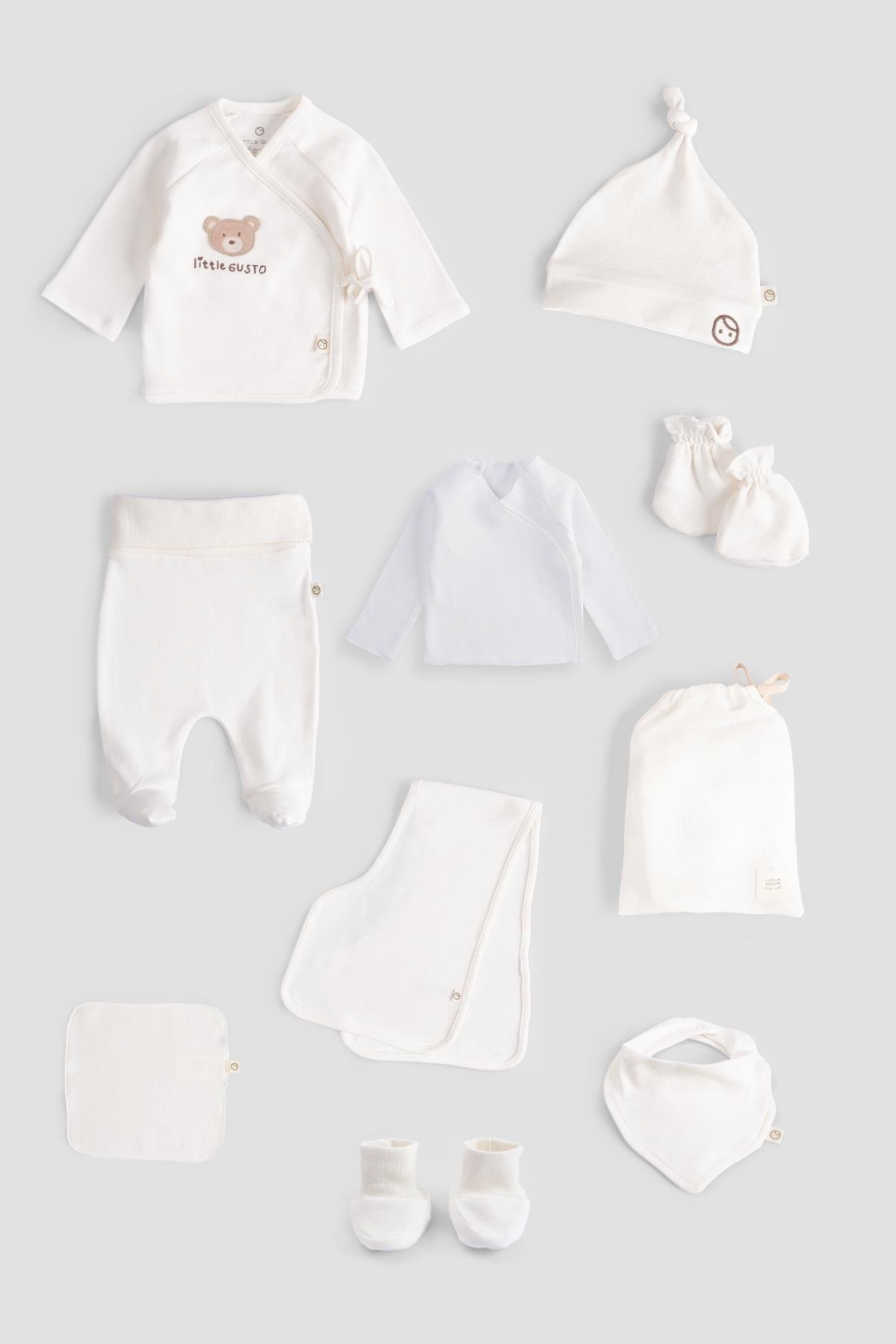 Little Gusto Organik Pamuk 10'lu Ekru Hastane Çıkış SetiLittle Gusto Organik Pamuk 10'lu Ekru Hastane Çıkış Seti