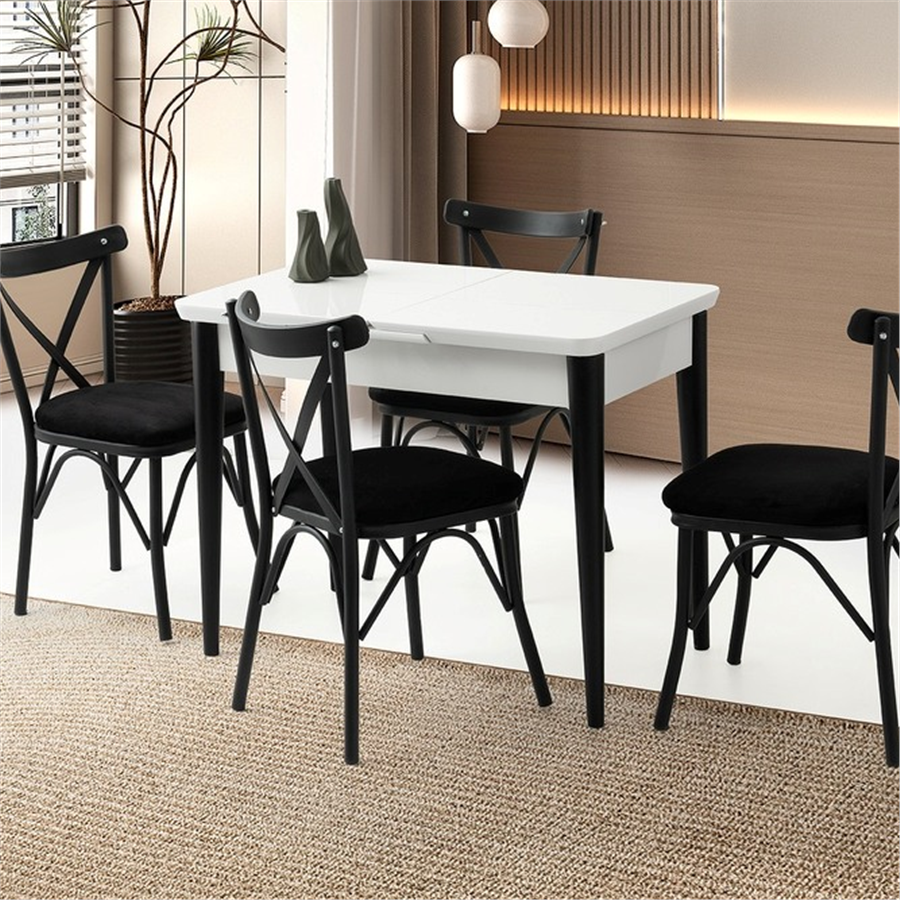 100+25*60 KELEBEK TEKNO KENAR HG KAR BEYAZ MASA + 4 ÇAPRAZ SANDALYE TAKIMI