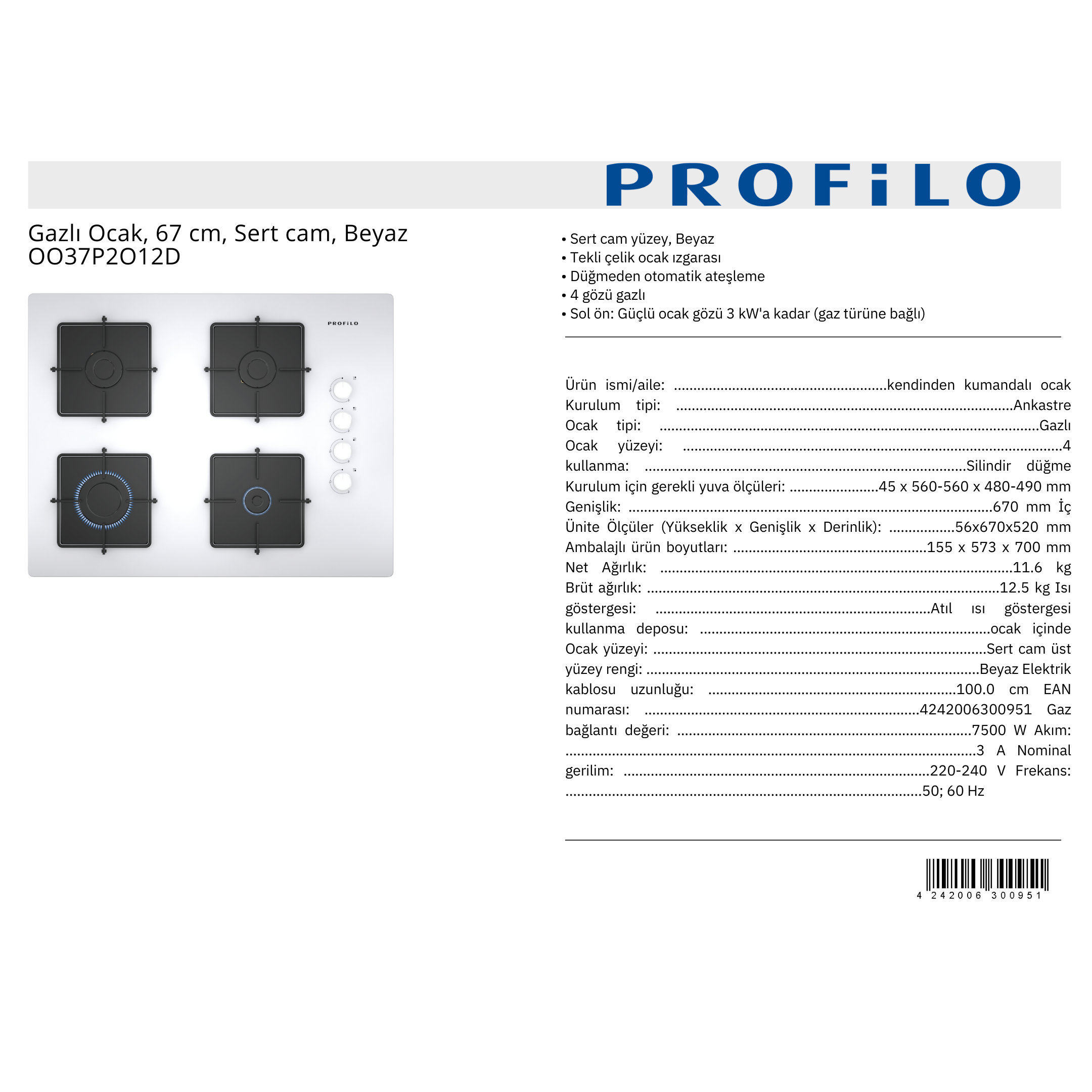 PROFİLO 0037P2012D GAZLI OCAK