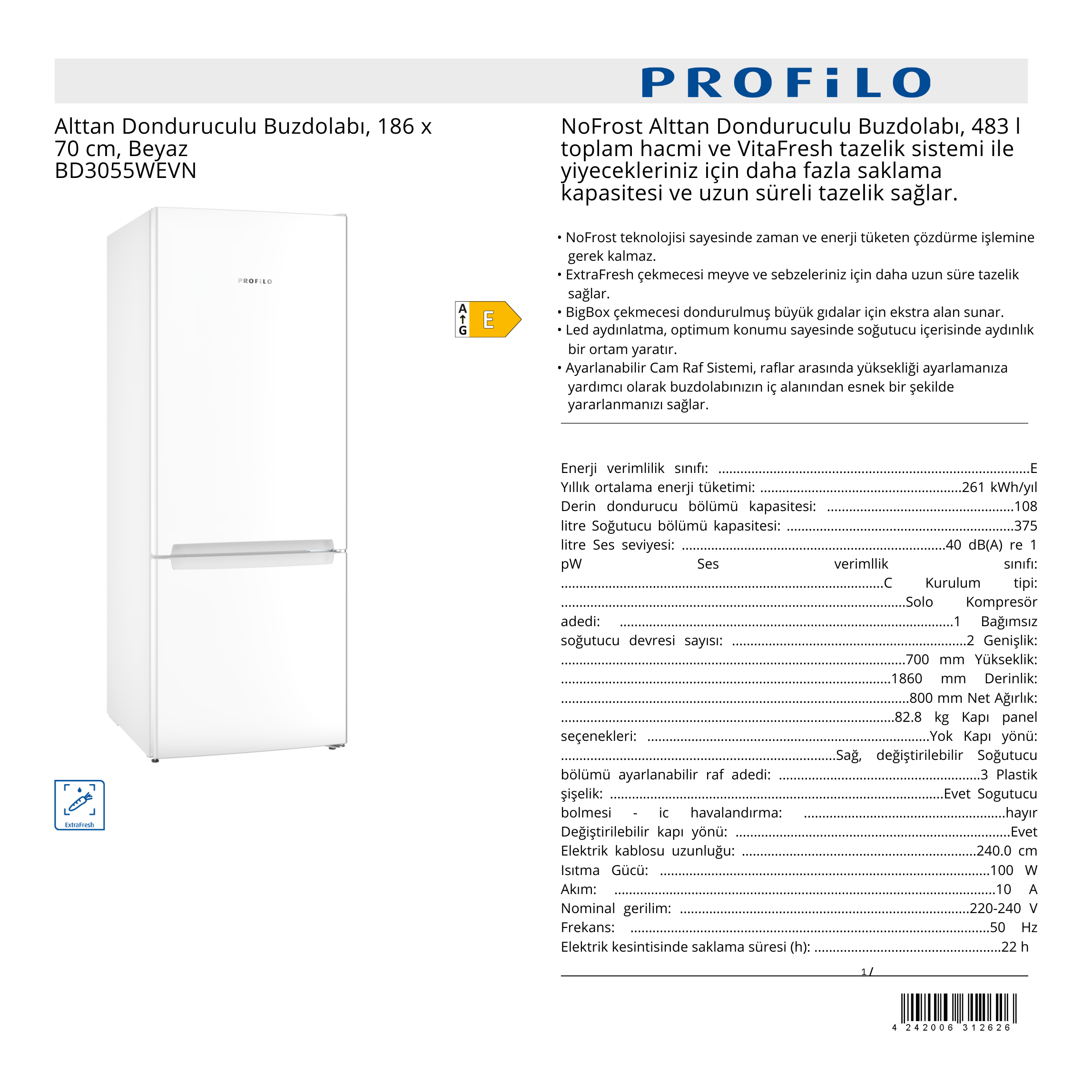 PROFİLO ALTTAN DOLDURUCULU BUZDOLABI - BD3055WEVN 