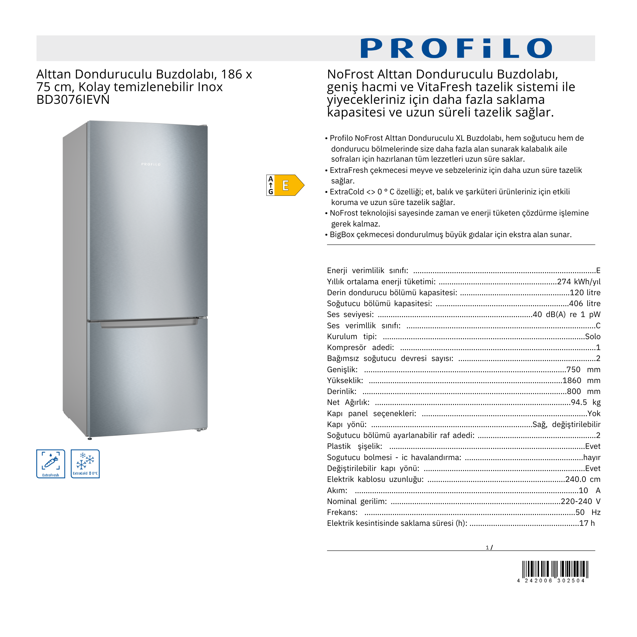 PROFİLO ALTTAN DONDURUCULU BUZDOLABI - BD3076IEVN