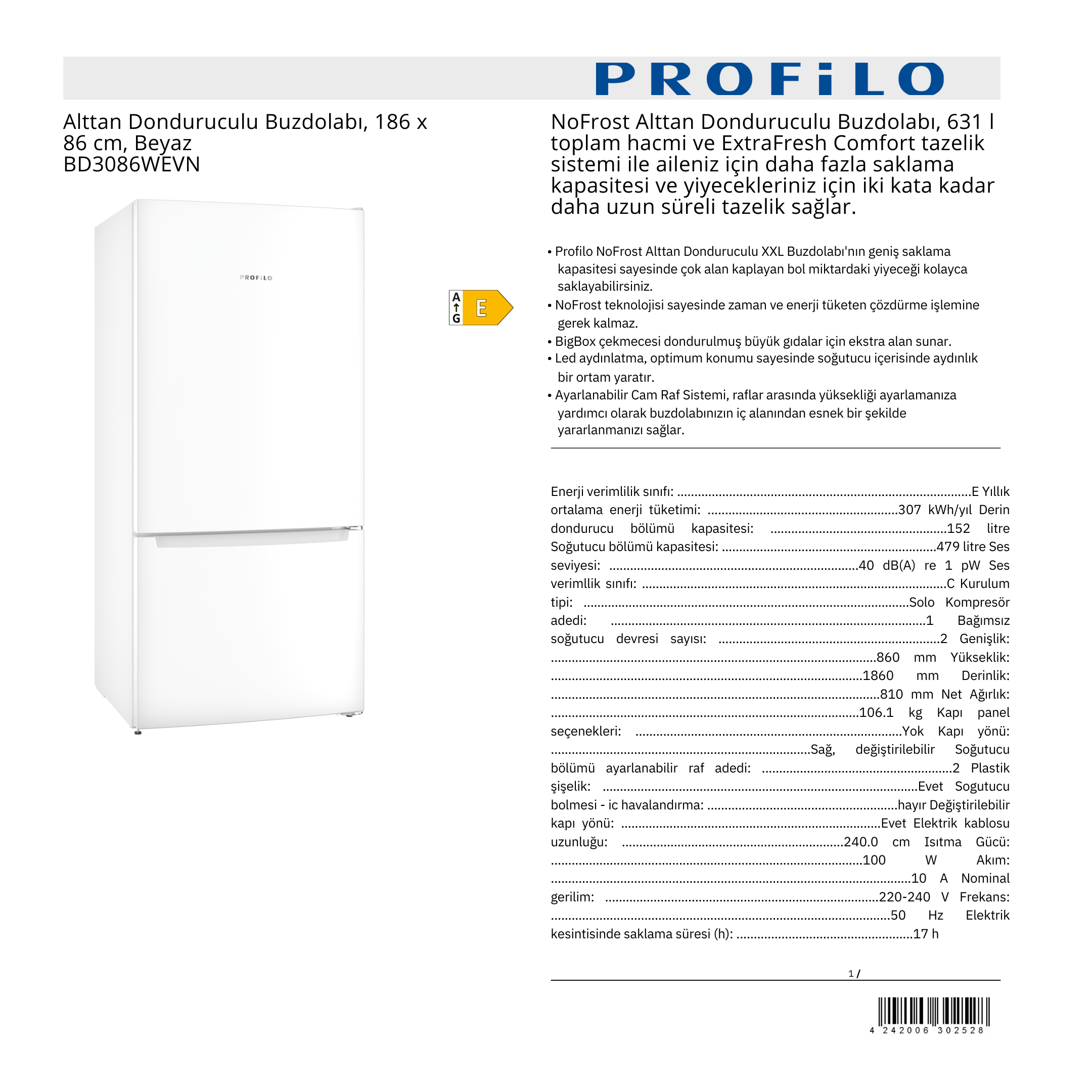 PROFİLO ALTTAN DONDURUCULU BUZDOLABI - BD3086WEVN
