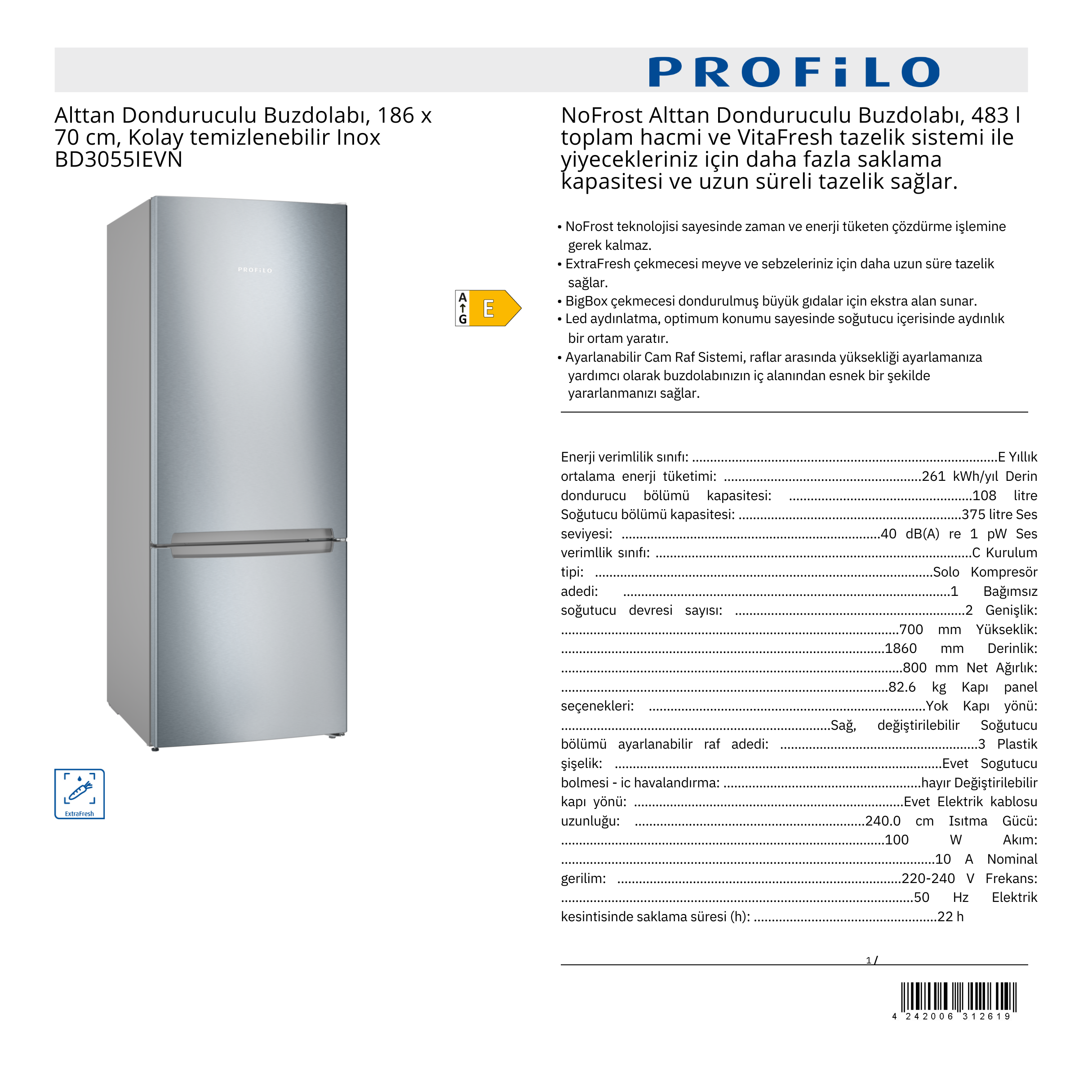 PROFİLO ALTTAN DONDURUCULU BUZDOLABI - BD3055IEVN