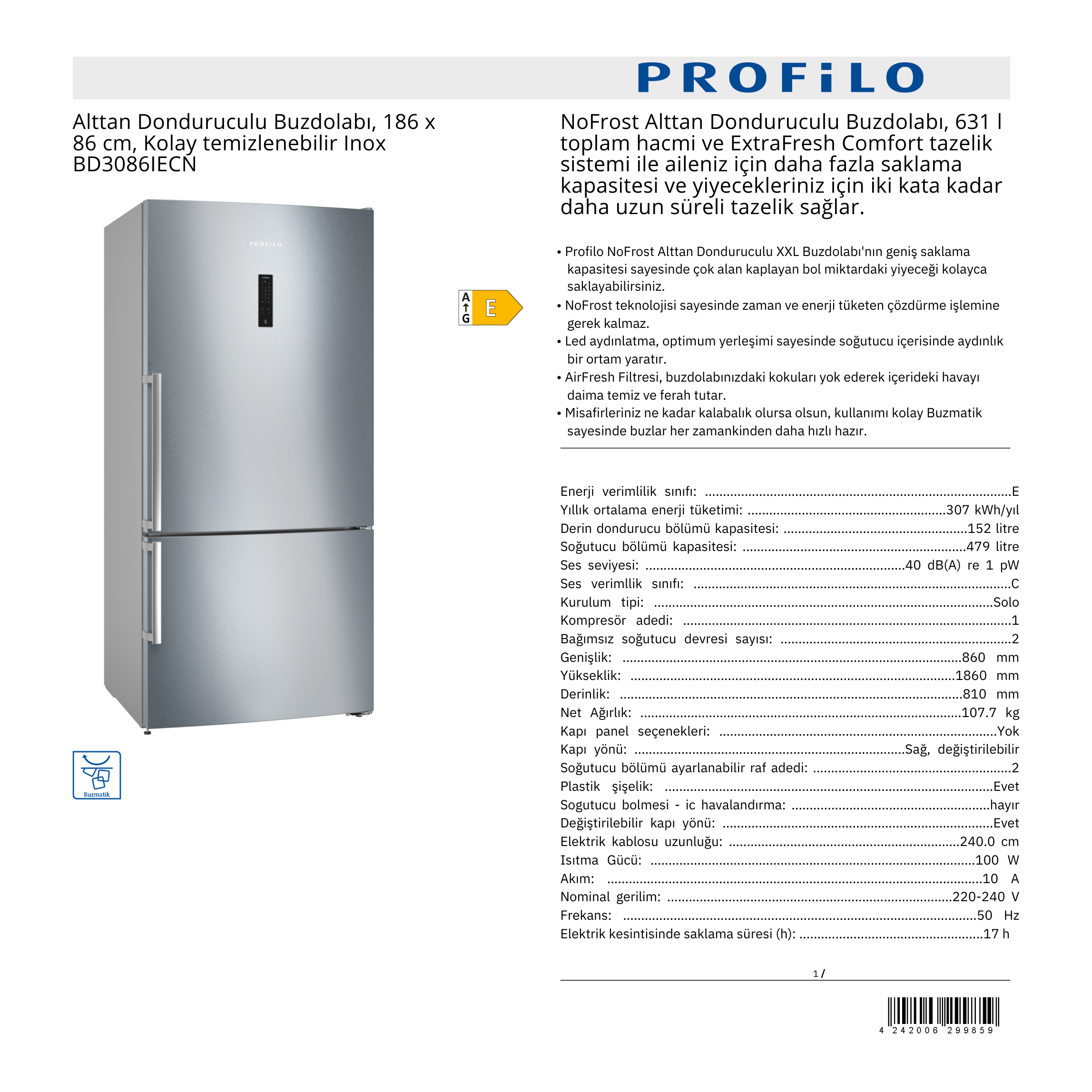 PROFİLO ALTTAN DONDURUCULU BUZDOLABI - BD3086IECN