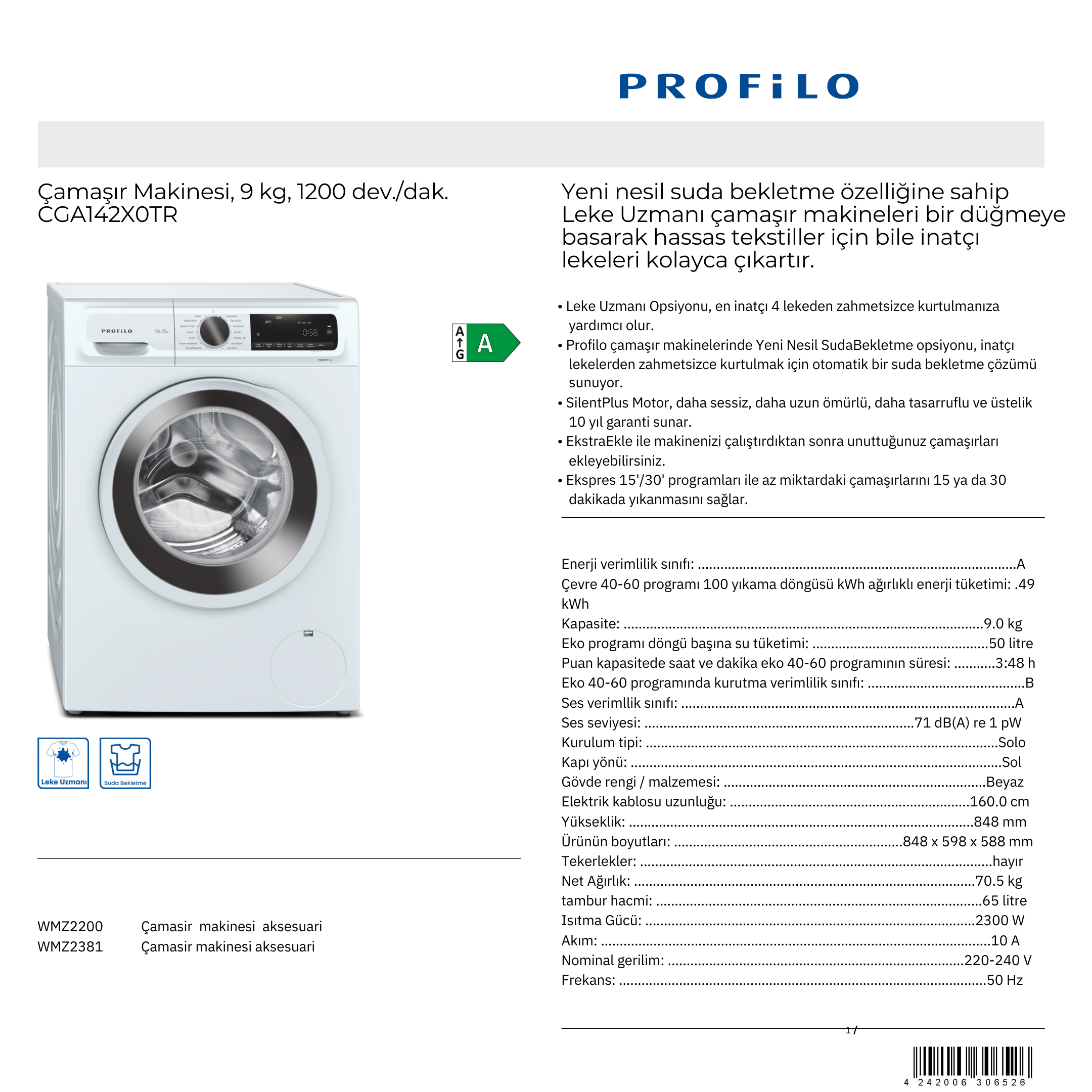 PROFİLO ÇAMAŞIR MAKİNASI - CGA142X0TR 9KG