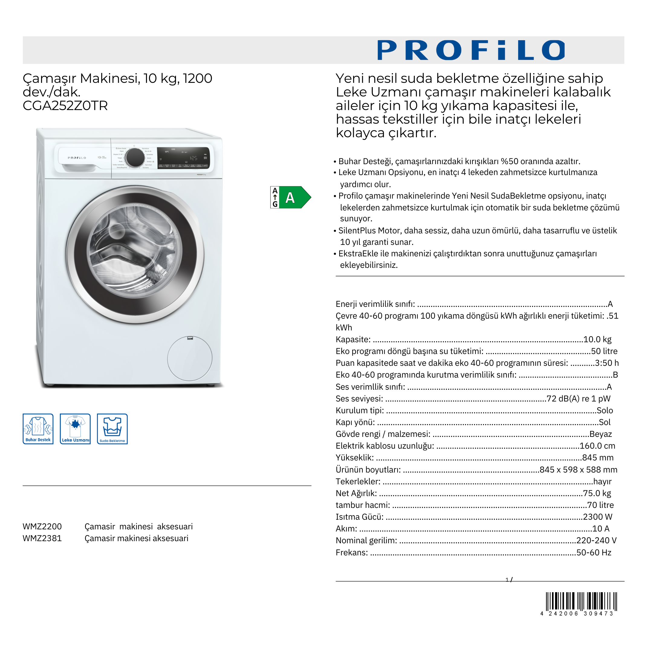 PROFİLO ÇAMAŞIR MAKİNESİ CGA252Z0TR 10KG