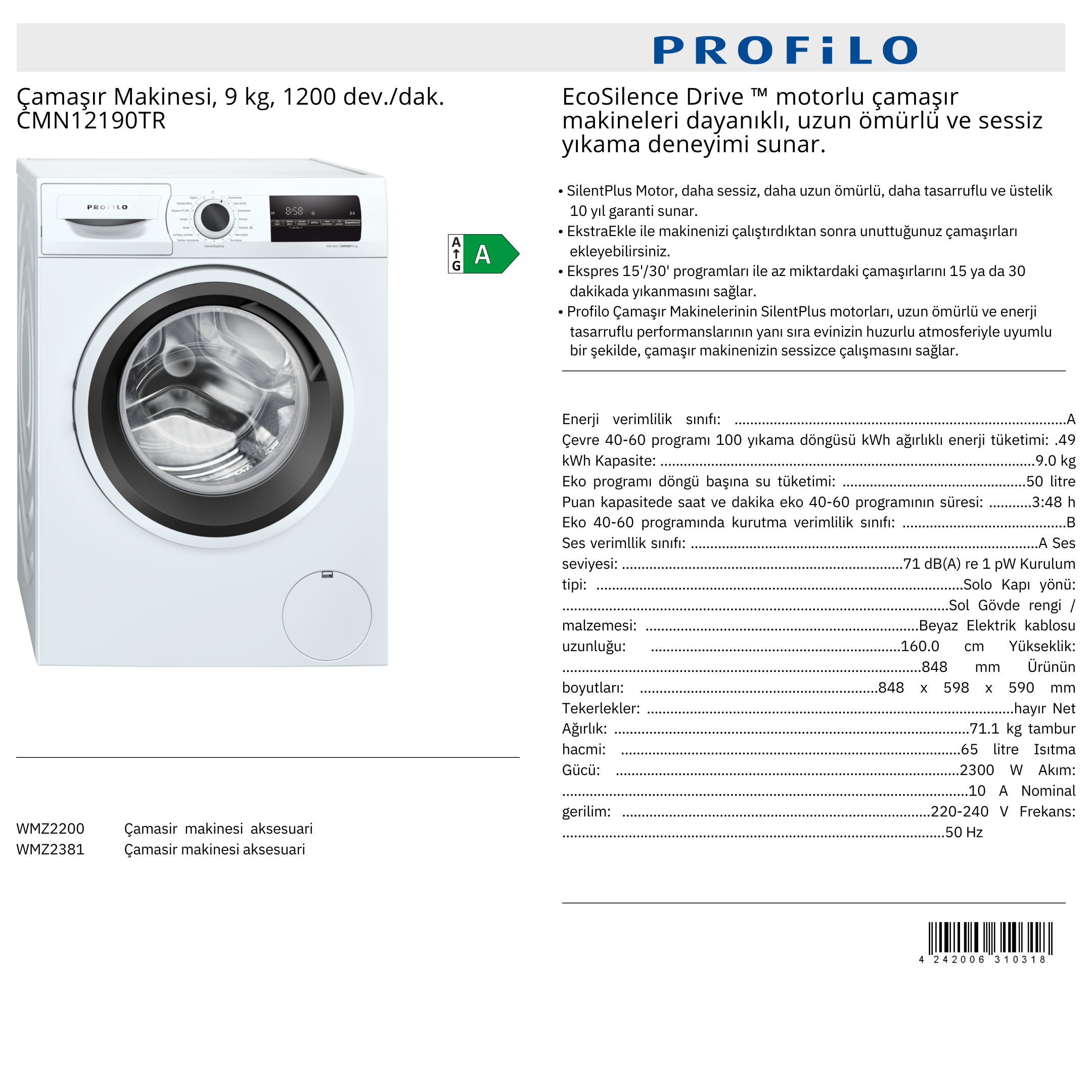 PROFİLO ÇAMAŞIR MAKİNESİ - CMN12190TR 9KG