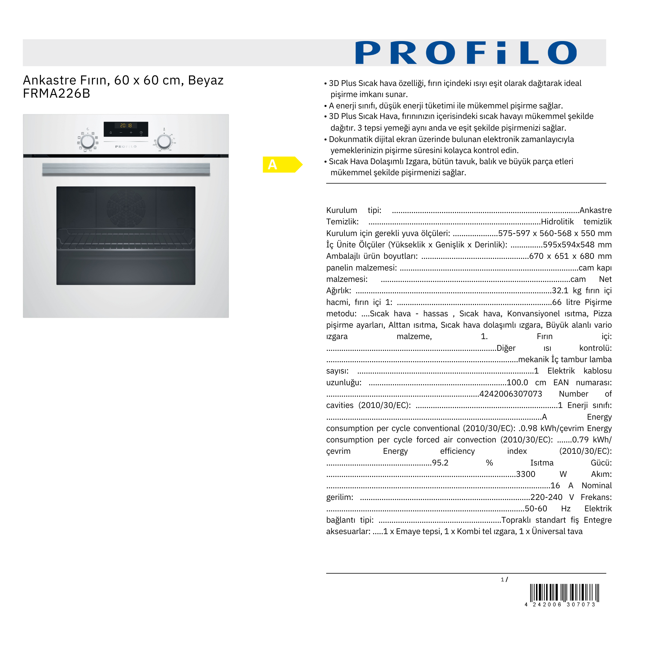 PROFİLO FRMA226B ANKASTRE FIRIN
