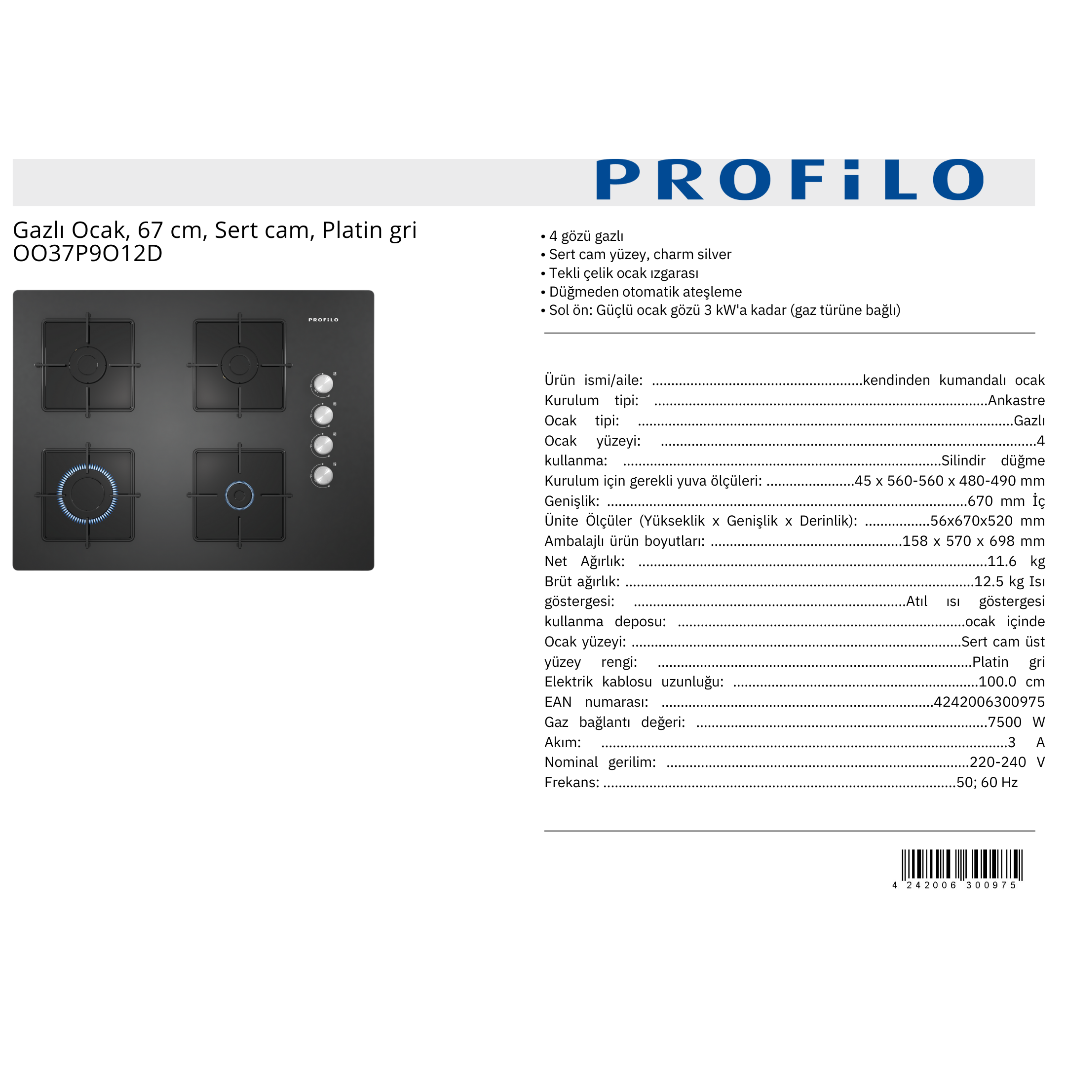 PROFİLO OO37P9012D GAZLI OCAK