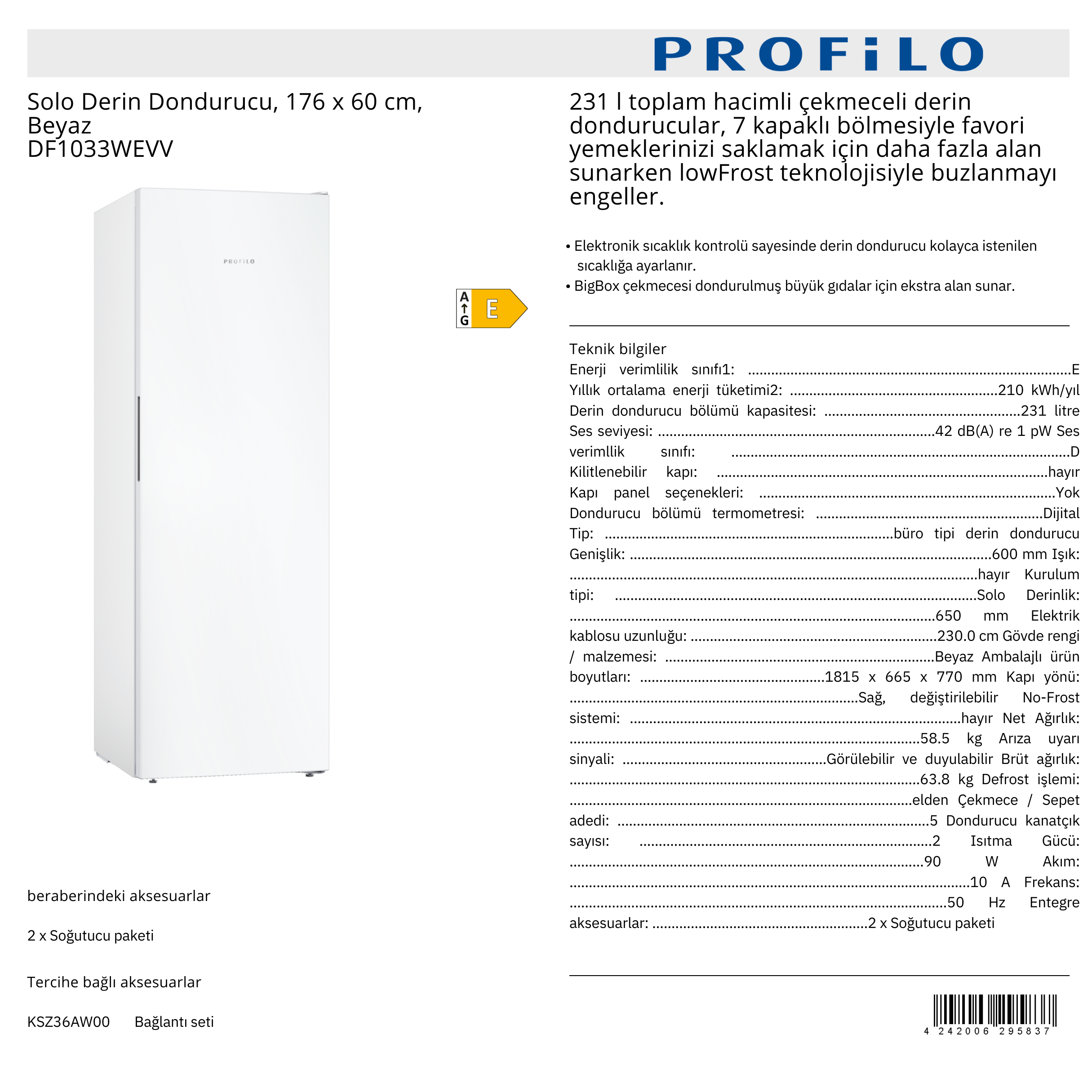 PROFİLO SOLO DERİN DONDURUCU - DF1033WEVV
