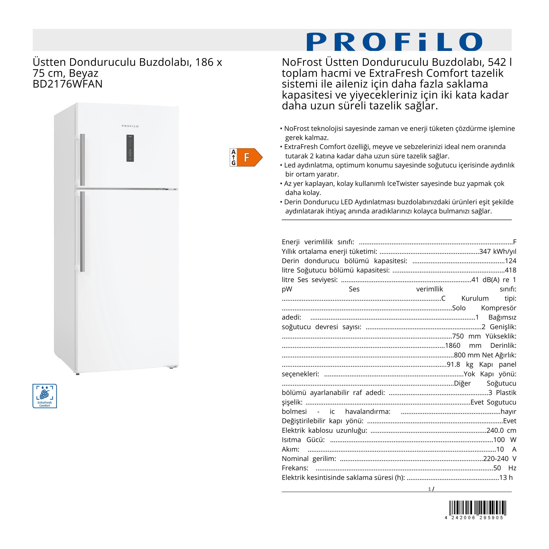 PROFİLO ÜSTTEN DONDURUCULU BUZDOLABI - BD2176WFAN