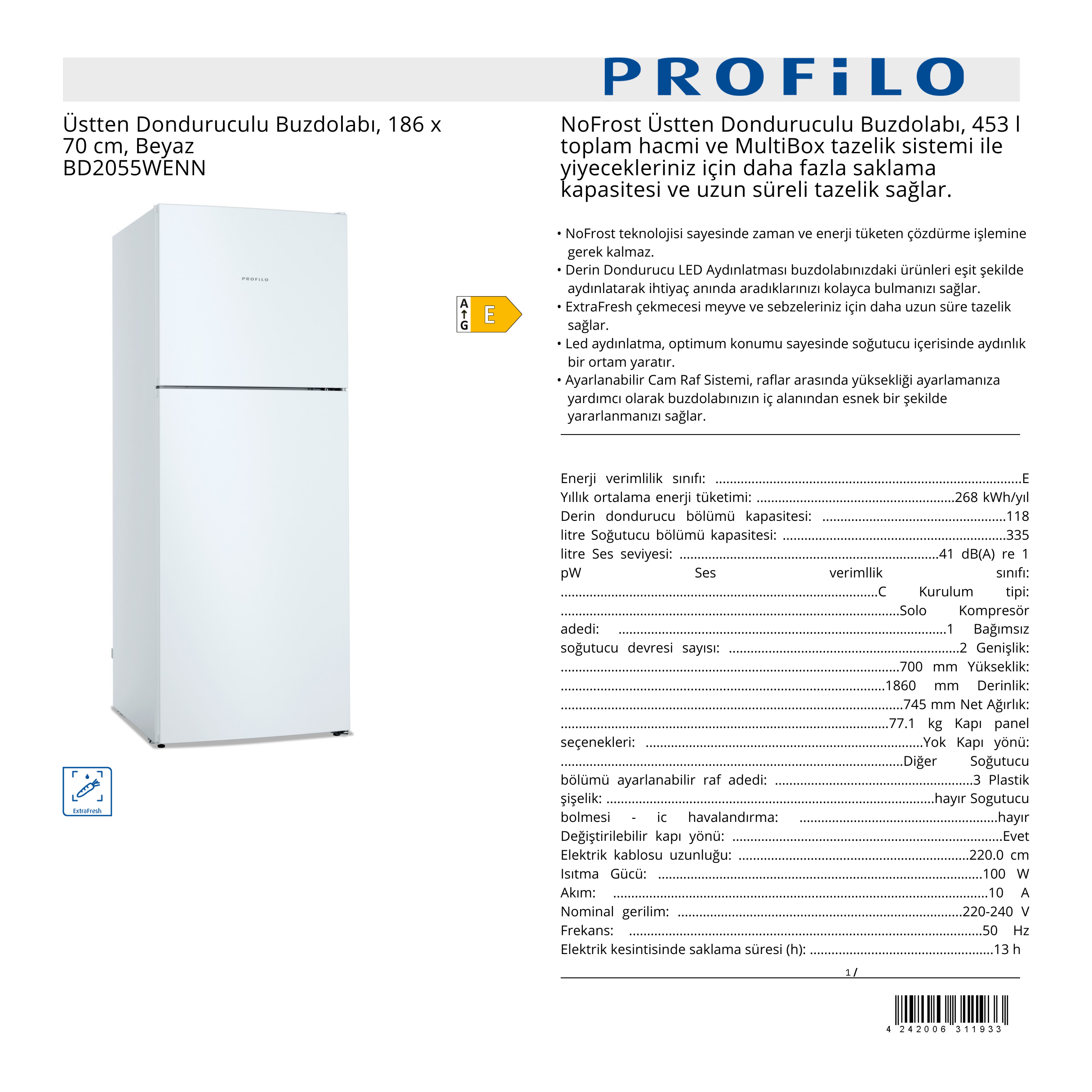 PROFİLO ÜSTTEN DONDURUCULU BUZDOLABI - BD2055WENN