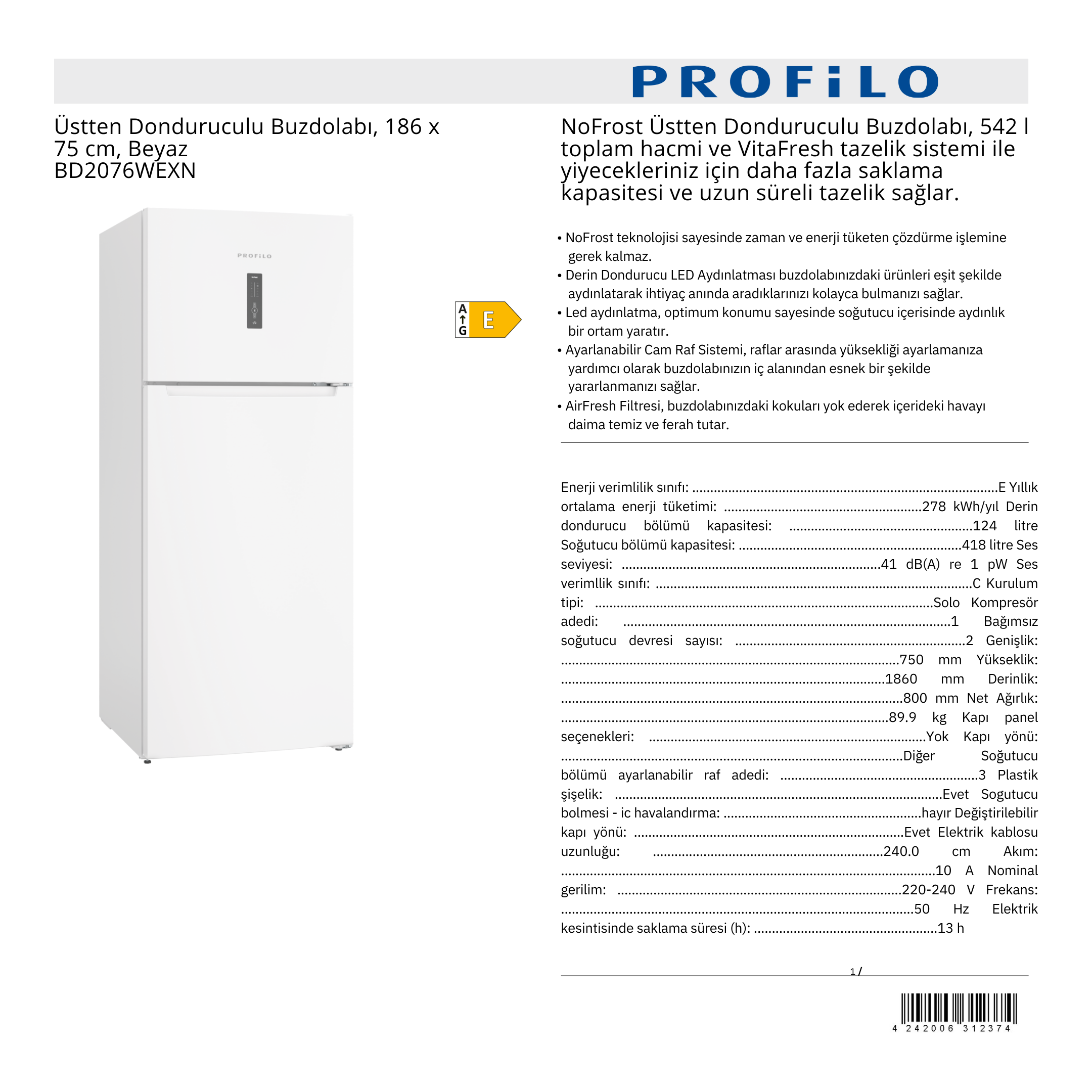 PROFİLO ÜSTTEN DONDURUCULU BUZDOLABI - BD2076WEXN 
