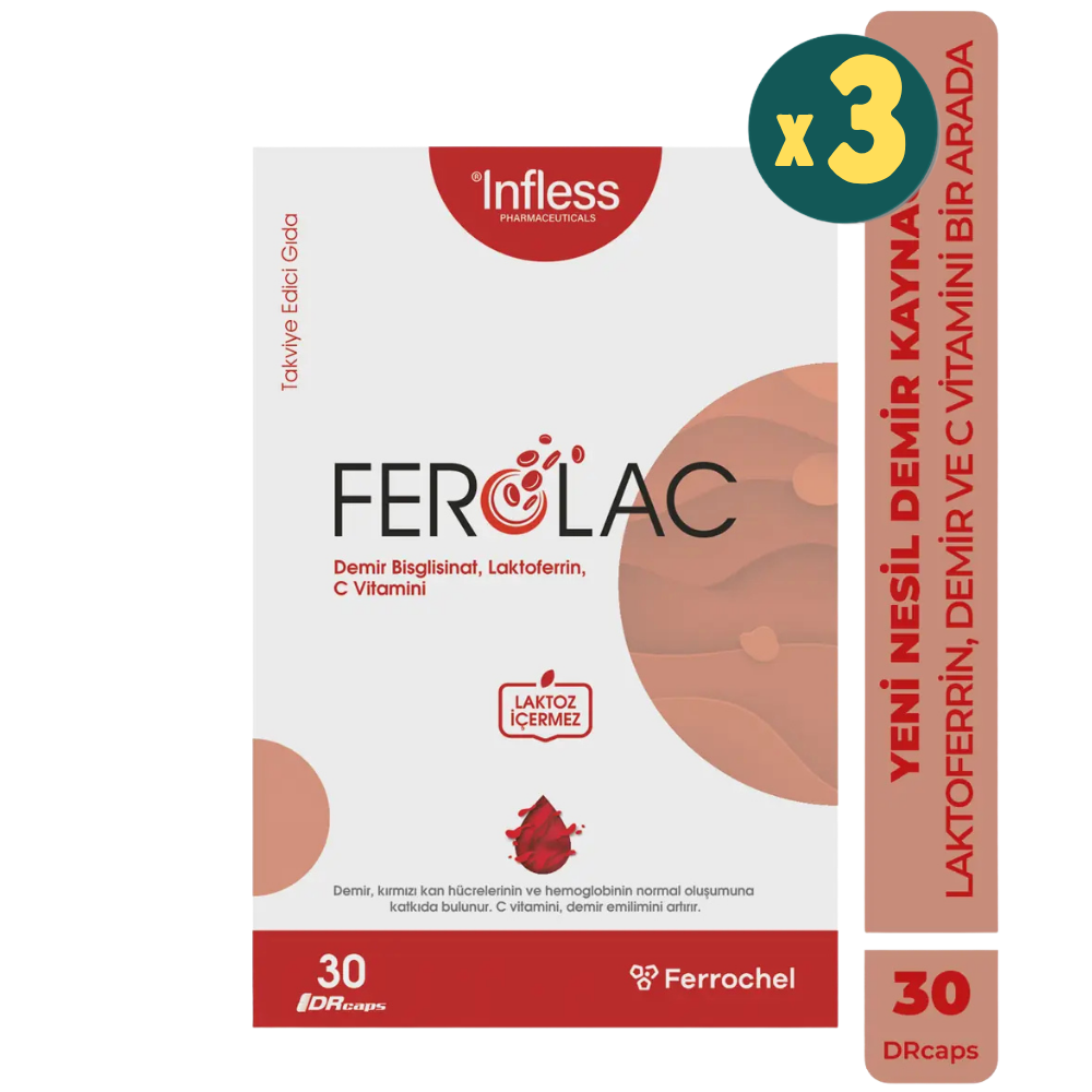 Infless Ferolac Demir, Laktoferrin ve C Vitamini 30 Kapsül 3 Adet - Modern Eczane