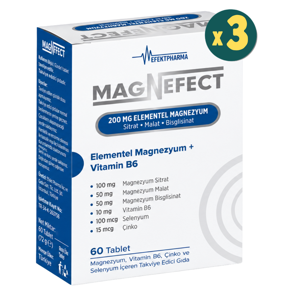 Magnefect 200 mg Elementel Magnezyum 60 Tablet 3 Adet Fiyatları - Modern Eczane