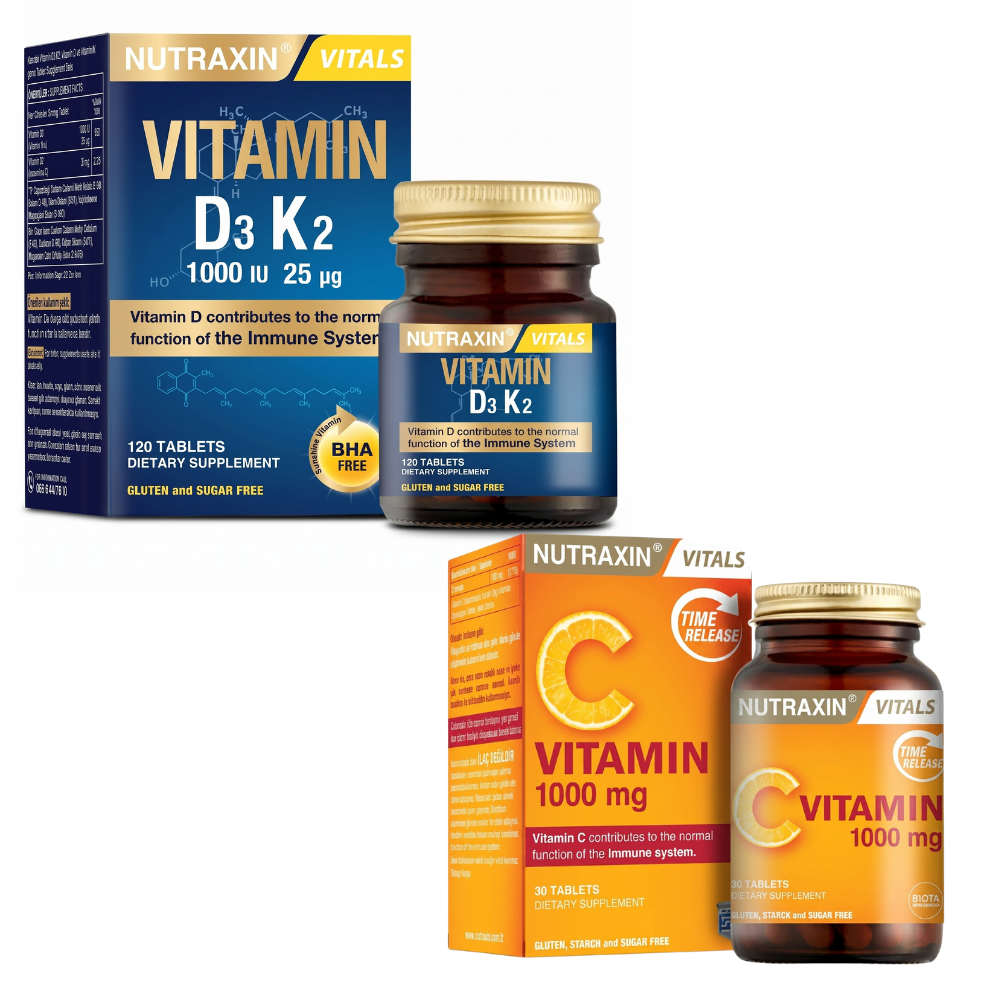 Nutraxin Vitamin D3K2 1000 IU 120 Tablet & Nutraxin Vitamin C 1000 mg 30 Tablet Fiyatları - Modern Eczane