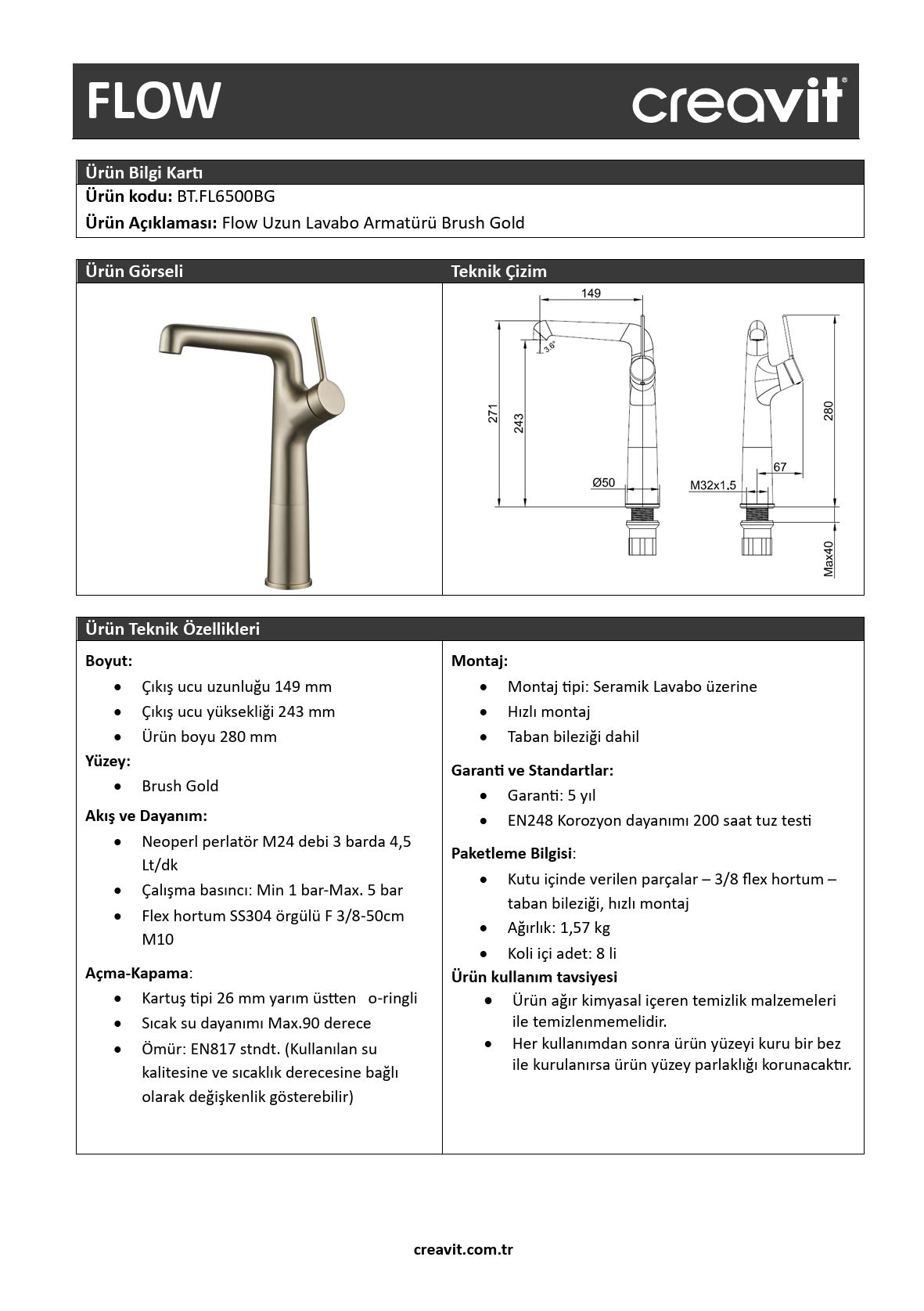 Creavit Flow Uzun Lavabo Armatürü Brush Gold