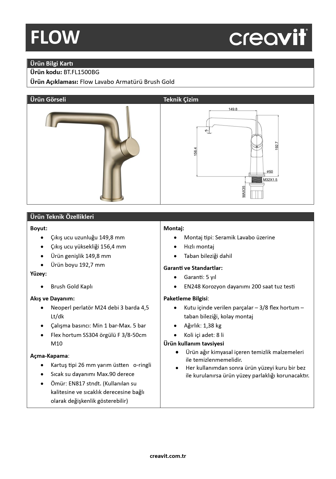 Creavit Flow Lavabo Armatürü Brush Gold