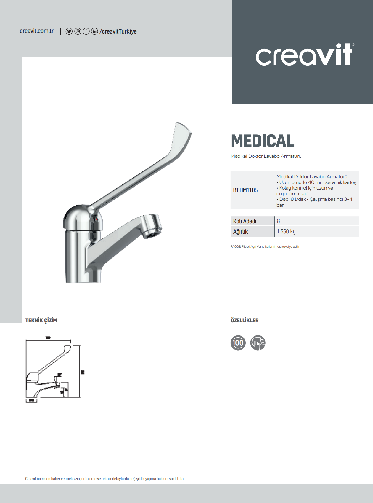Creavit Medikal Doktor Lavabo Armatürü Krom