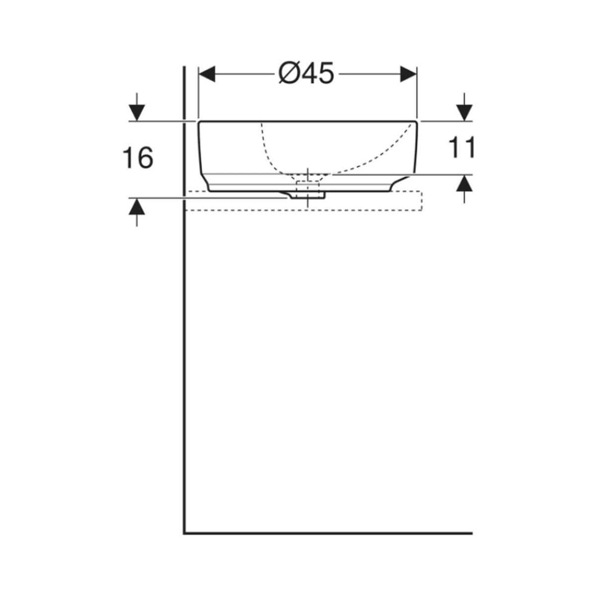 Geberit VariForm Çanak Lavabo, Yuvarlak ve Batarya Banklı, Taşma Delikli, D45 cm