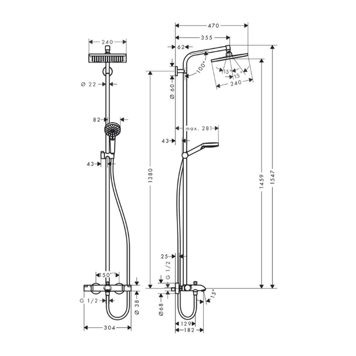 Hansgrohe Crometta E Duş Kolonu 240 1 jet, Banyo termostatı İle Krom
