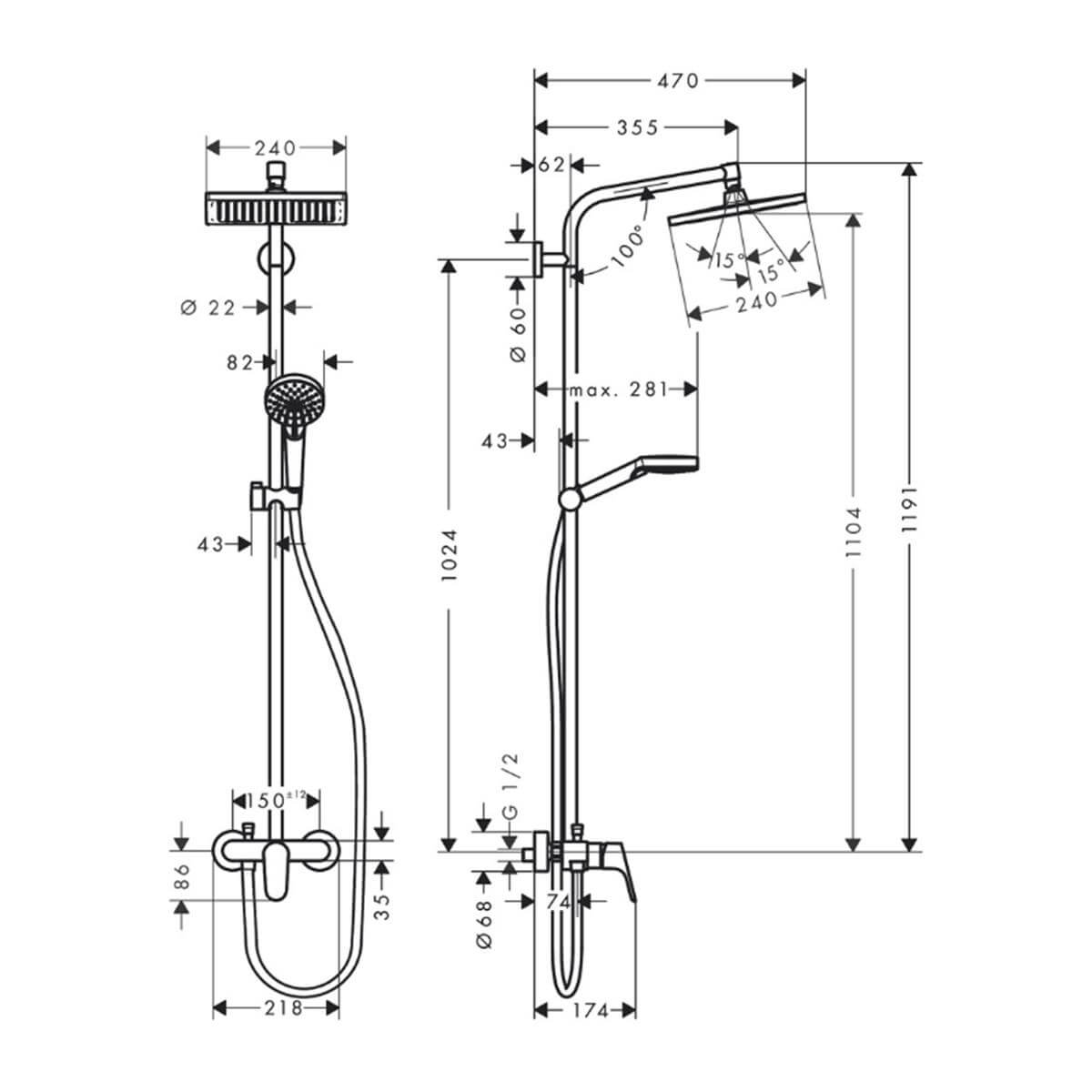 Hansgrohe Crometta E Duş Kolonu 240 1 jet, Tek Kollu batarya İle Krom