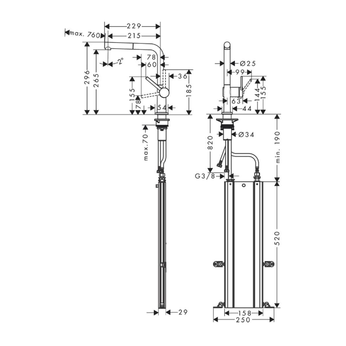 Hansgrohe Talis M54 Tek Kollu Eviye Bataryası 270, Çekilebilir Gaga, 1jet, sBox Paslanmaz ÇElik