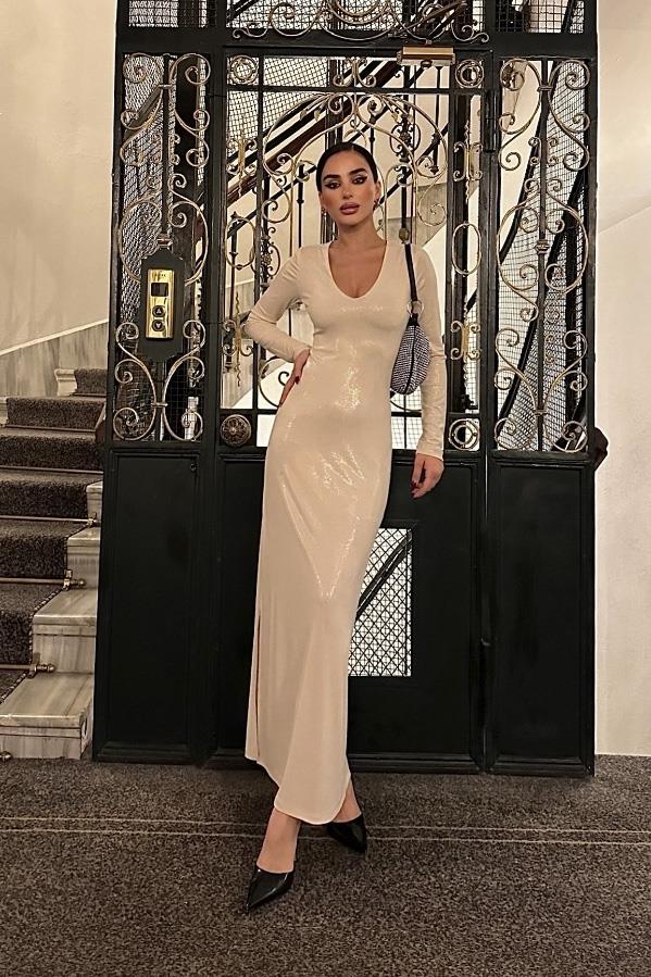 S4Y2643Adella Işıltılı Yırtmaç Detay Elbise 2643-8
