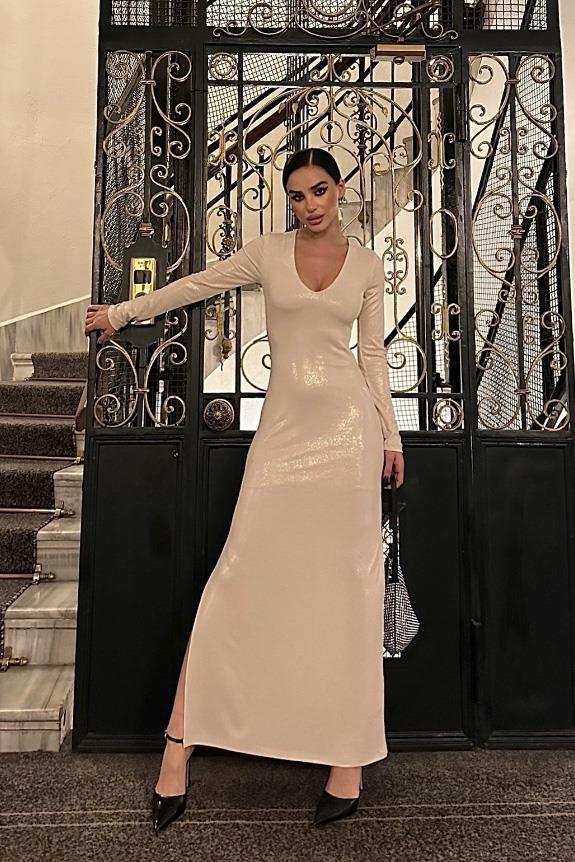 S4Y2643Adella Işıltılı Yırtmaç Detay Elbise 2643-8