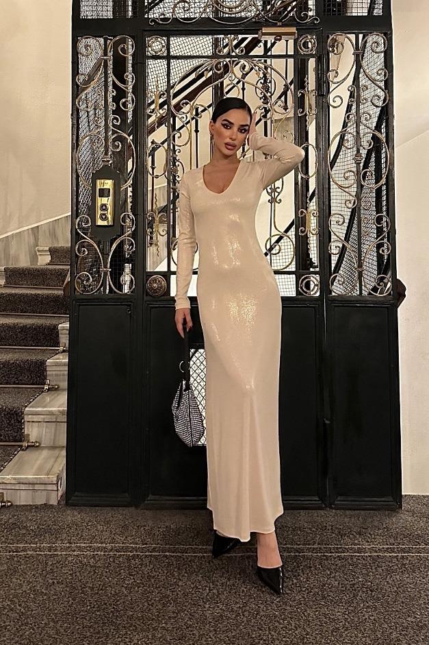 S4Y2643Adella Işıltılı Yırtmaç Detay Elbise 2643-8