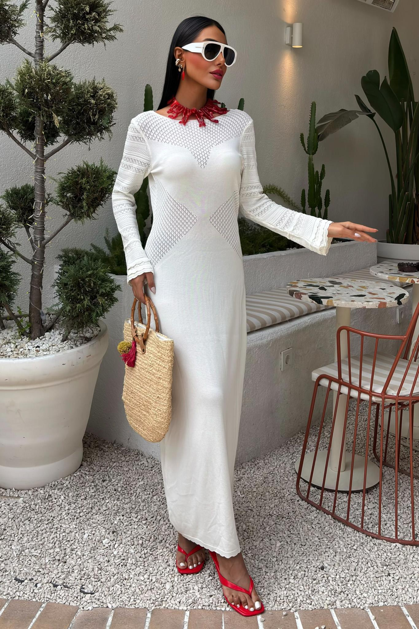 S5Y2861Openwork Detailed Crew Neck Knit Dress 2861