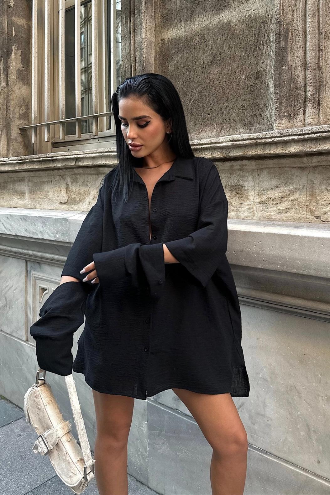 S3Y3252Alina Kol Cut Out Keten Gömlek 3252-08