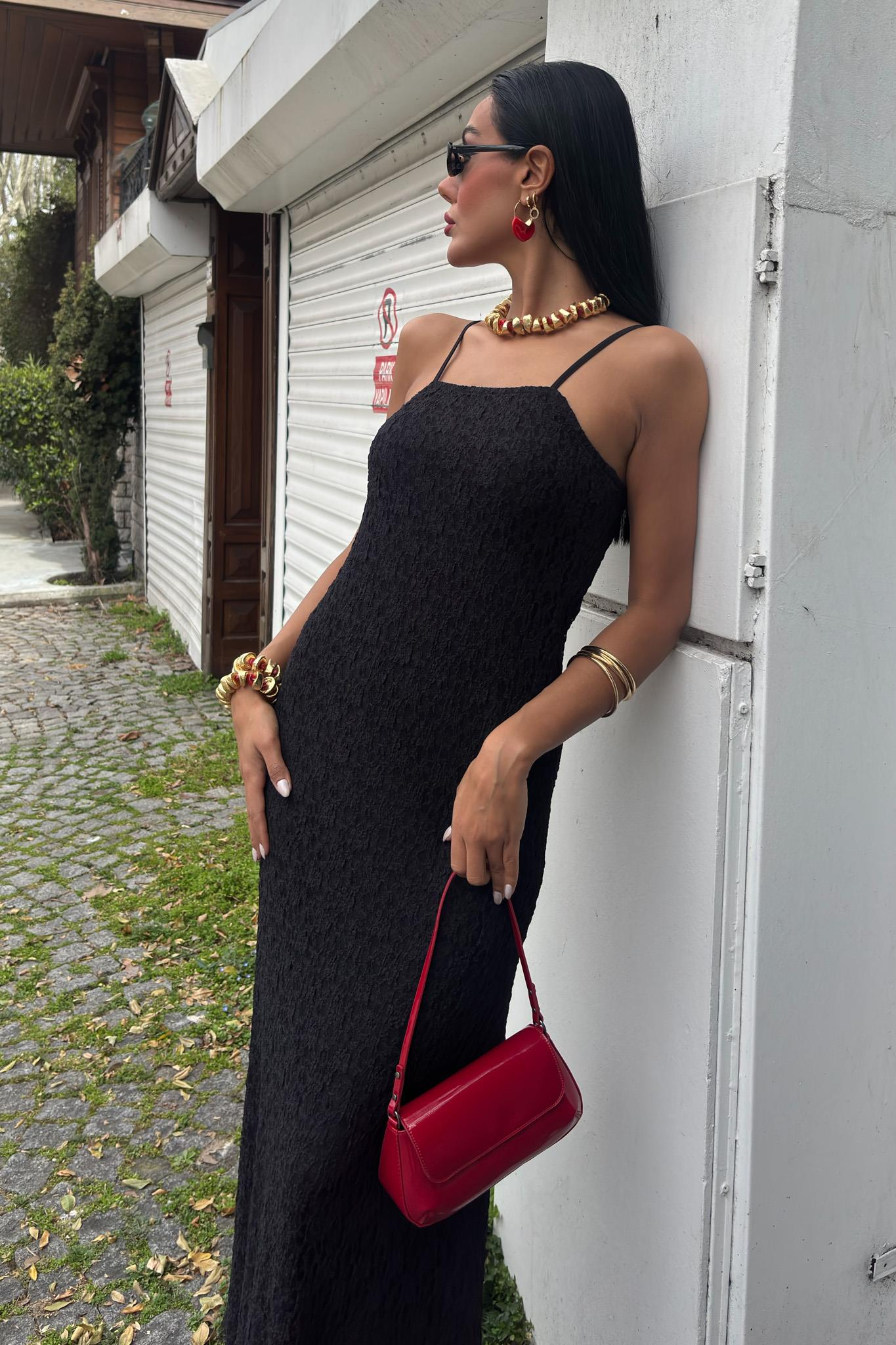 S5Y2879Askıları Ayarlanabilir Örme Dantel Elbise 2879