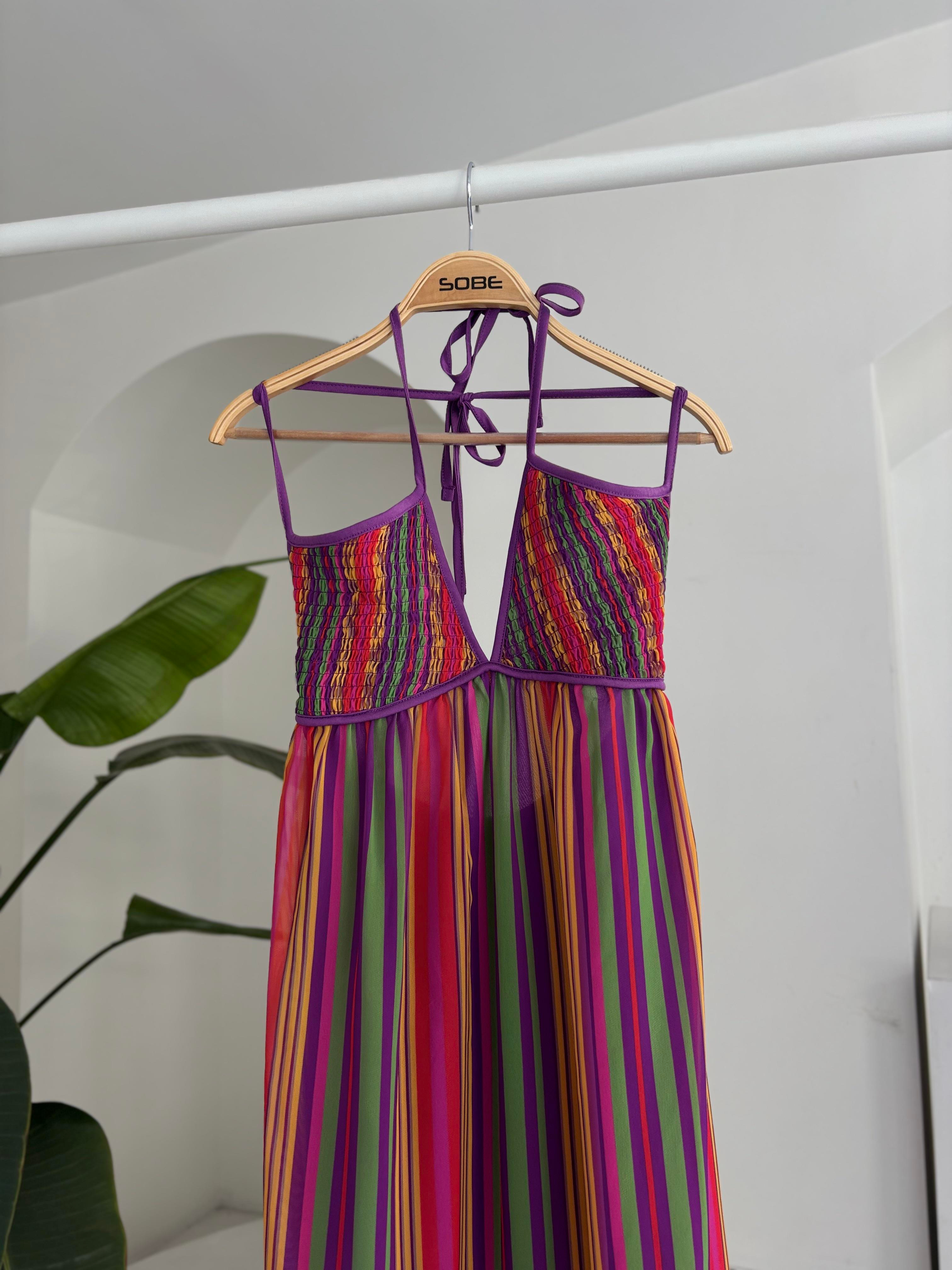 S5Y2748Strappy Pleated Detailed Colorful Maxi Dress 2748