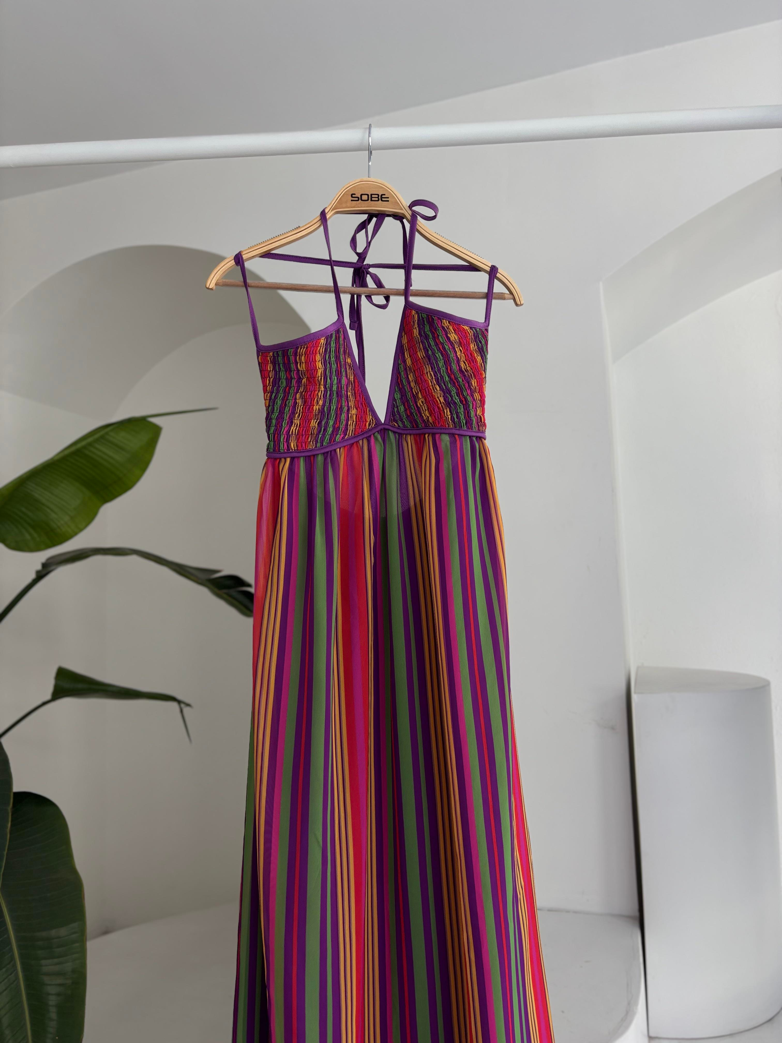 S5Y2748Strappy Pleated Detailed Colorful Maxi Dress 2748