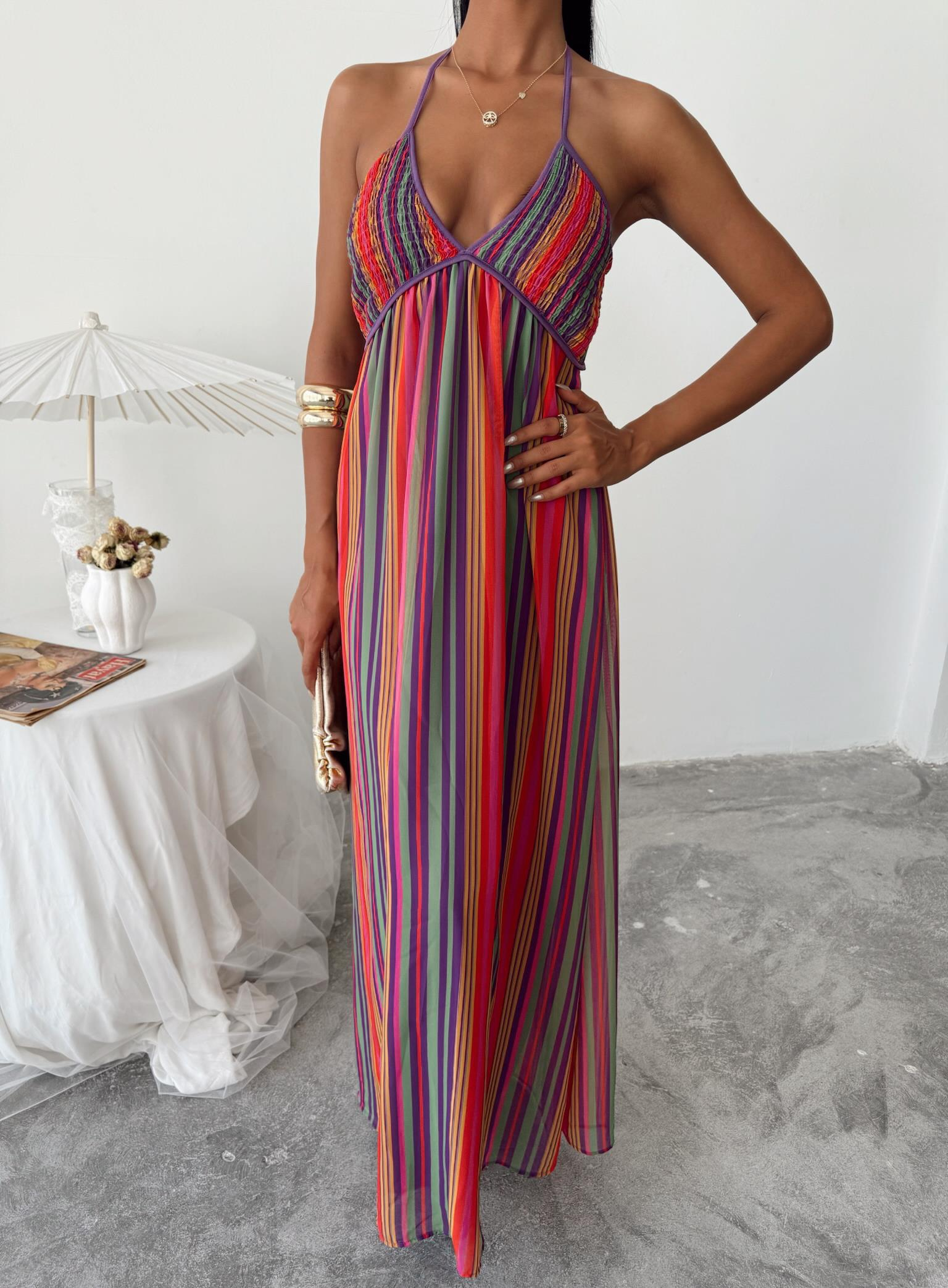 S5Y2748Strappy Pleated Detailed Colorful Maxi Dress 2748