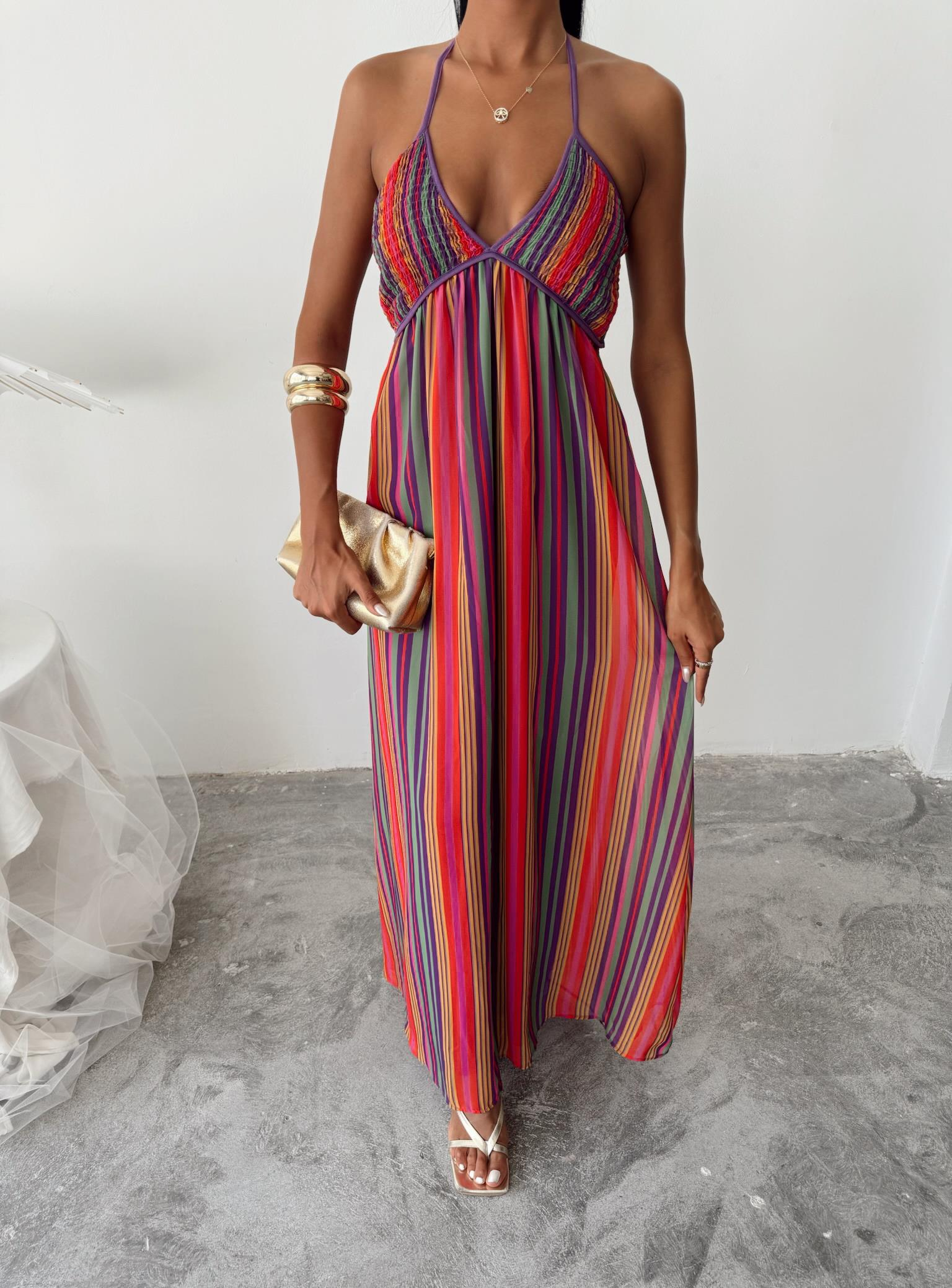 S5Y2748Strappy Pleated Detailed Colorful Maxi Dress 2748